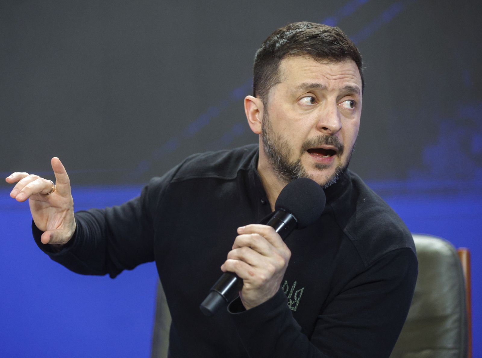 epa11918991 Ukrainian President Volodymyr Zelensky holds a press conference at the end of the forum 'Ukraine. Year 2025', in Kyiv, Ukraine, 23 February 2025, amid the Russian invasion. The 'Ukraine. Year 2025' forum took place with the participation of heads of state institutions one day before the third anniversary of the war in Ukraine, which began with Russia's full-scale invasion in 2022. The conflict has caused widespread destruction and a humanitarian crisis.  EPA/SERGEY DOLZHENKO