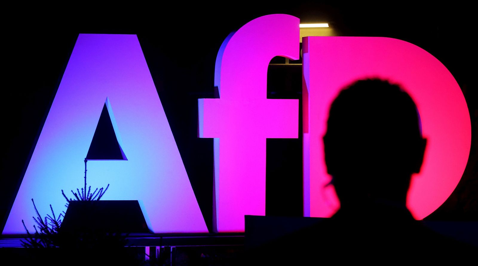 epa11919520 An illuminated AFD logo is seen at the Alternative for Germany (AfD) election event in Berlin, Germany, 23 February 2025.  EPA/FILIP SINGER