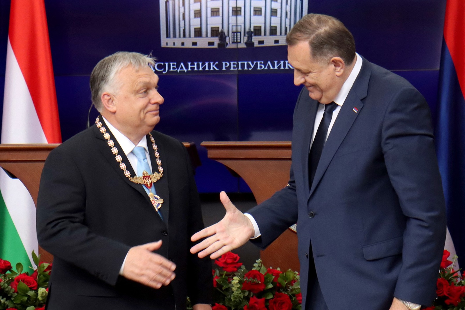 President of Bosnia and Herzegovina's entity Republika Srpska, Milorad Dodik (R), awards Hungarian Prime minister, Viktor Orban (L) with a medal for exceptional contribution in creation of Republika Srpska, during a ceremony in Banja Luka, on April 5, 2024.  Prime minister Orban arrived on April 4, in a two-day  official visit to Bosnia and Herzegovina, during which he held several meetings with country's top officials.,Image: 862677558, License: Rights-managed, Restrictions: RESTRICTED TO EDITORIAL USE - MANDATORY CREDIT "AFP PHOTO / BORISLAV ZDRINJA/PRESIDENTIAL PRESS SERVICE/ REPUBLIKA SRPSKA " - NO MARKETING - NO ADVERTISING CAMPAIGNS - DISTRIBUTED AS A SERVICE TO CLIENTS, ***
HANDOUT image or SOCIAL MEDIA IMAGE or FILMSTILL for EDITORIAL USE ONLY! * Please note: Fees charged by Profimedia are for the Profimedia's services only, and do not, nor are they intended to, convey to the user any ownership of Copyright or License in the material. Profimedia does not claim any ownership including but not limited to Copyright or License in the attached material. By publishing this material you (the user) expressly agree to indemnify and to hold Profimedia and its directors, shareholders and employees harmless from any loss, claims, damages, demands, expenses (including legal fees), or any causes of action or allegation against Profimedia arising out of or connected in any way with publication of the material. Profimedia does not claim any copyright or license in the attached materials. Any downloading fees charged by Profimedia are for Profimedia's services only. * Handling Fee Only 
***, Model Release: no, Credit line: Borislav ZDRINJA / AFP / Profimedia