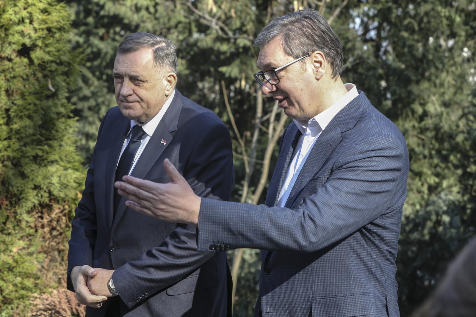 04, February, 2025, Belgrade - The President of the Republic of Serbia Aleksandar Vucic met with the President of the Republic of Srpska Milorad Dodik at Vila Mir. Milorad Dodik, Aleksandar Vucic. Photo: F.S./ATAImages

04, februar, 2025, Beograd - Predsednik Republike Srbije Aleksandar Vucic sastao se sa predsednikom Republike Srpske Miloradom Dodikom u Vili Mir. Photo: F.S./ATAImages Photo: F.S./ATAImages/PIXSELL
