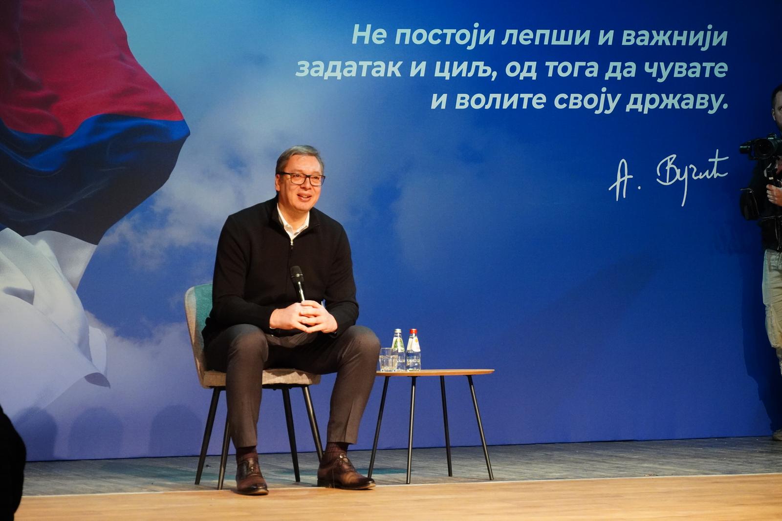 07, February, 2025, Coka -The President of the Republic of Serbia, Aleksandar Vucic, is visiting the North Banat and Central Banat districts, and during his visit to the Cultural and Educational Center in Coka, he spoke with citizens. Aleksandar Vucic. Photo: M.M./ATAImages

07, februar, 2025, Coka - Predsednik Republike Srbije Aleksandar Vucic boravi u poseti Severnobanatskom i Srednjobanatskom okrugu, a u okviru posete u Kulturno obrazovnom centru u Coki razgovarao je sa gradjanima. Photo: M.M./ATAImages Photo: M.M./ATA images/PIXSELL