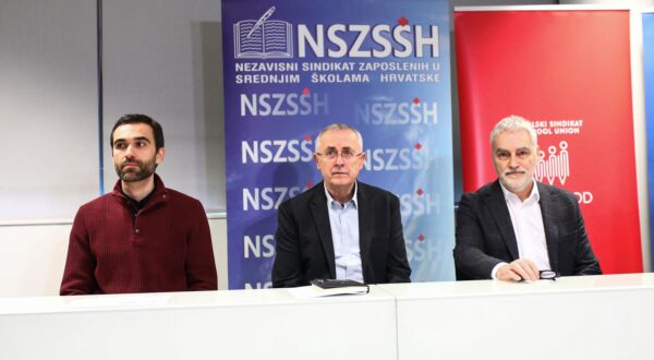 14.02.2025., Zagreb - Predstavnici Nezavisnog sindikata zaposlenih u srednjim skolama Hrvatske, Nezavisnog sindikata znanosti i visokog obrazovanja i Skolskog sindikata Preporod odrzali su zajednicku konferenciju za novinare na kojoj su najaviti strajk u obrazovanju i znanosti te se osvrnuti na povecanje placa sudaca i "manipulaciju placa" zaposlenih u obrazovanju. Na konferenciji su govorili Zrinko Turalija, Matija Kroflin i Zeljko Stipic. Photo: Emica Elvedji/PIXSELL