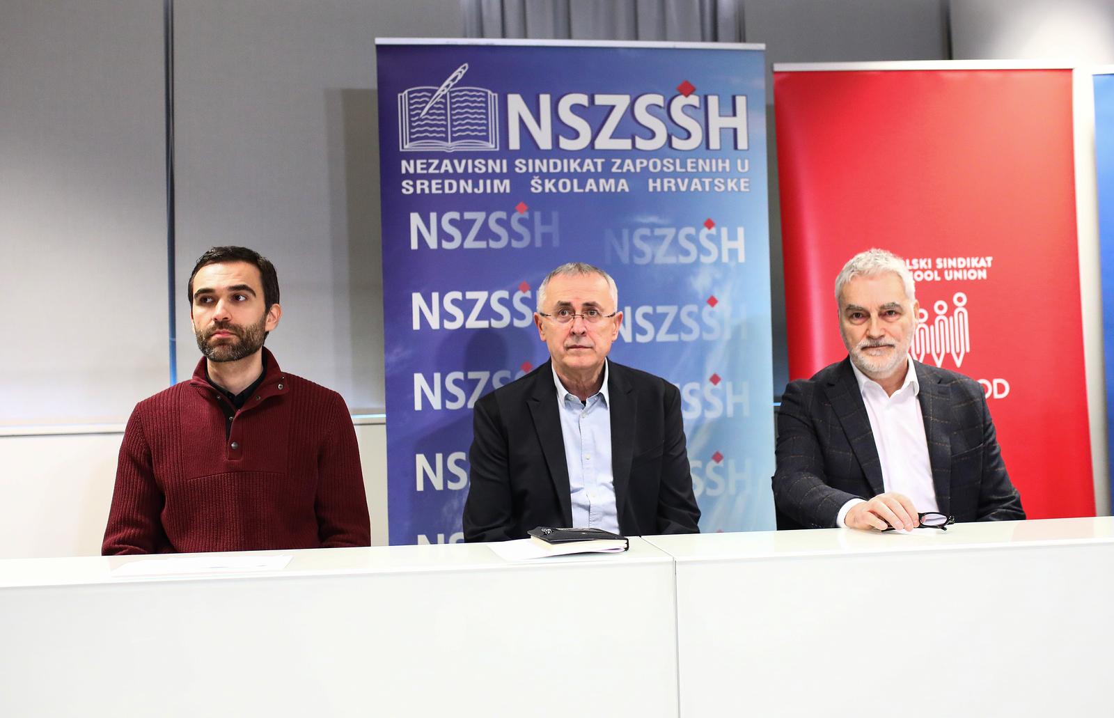 14.02.2025., Zagreb - Predstavnici Nezavisnog sindikata zaposlenih u srednjim skolama Hrvatske, Nezavisnog sindikata znanosti i visokog obrazovanja i Skolskog sindikata Preporod odrzali su zajednicku konferenciju za novinare na kojoj su najaviti strajk u obrazovanju i znanosti te se osvrnuti na povecanje placa sudaca i "manipulaciju placa" zaposlenih u obrazovanju. Na konferenciji su govorili Zrinko Turalija, Matija Kroflin i Zeljko Stipic. Photo: Emica Elvedji/PIXSELL
