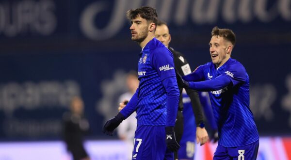 15.02.2025., stadion Maksimir, Zagreb - SuperSport HNL, 22. kolo, GNK Dinamo - HNK Gorica. Slavlje nogometasa Dinama nakon pogotka Sanda Kulenovica za vodstvo 3:1. Sandro Kulenovic, Lukas Kacavenda Photo: Marko Prpic/PIXSELL
