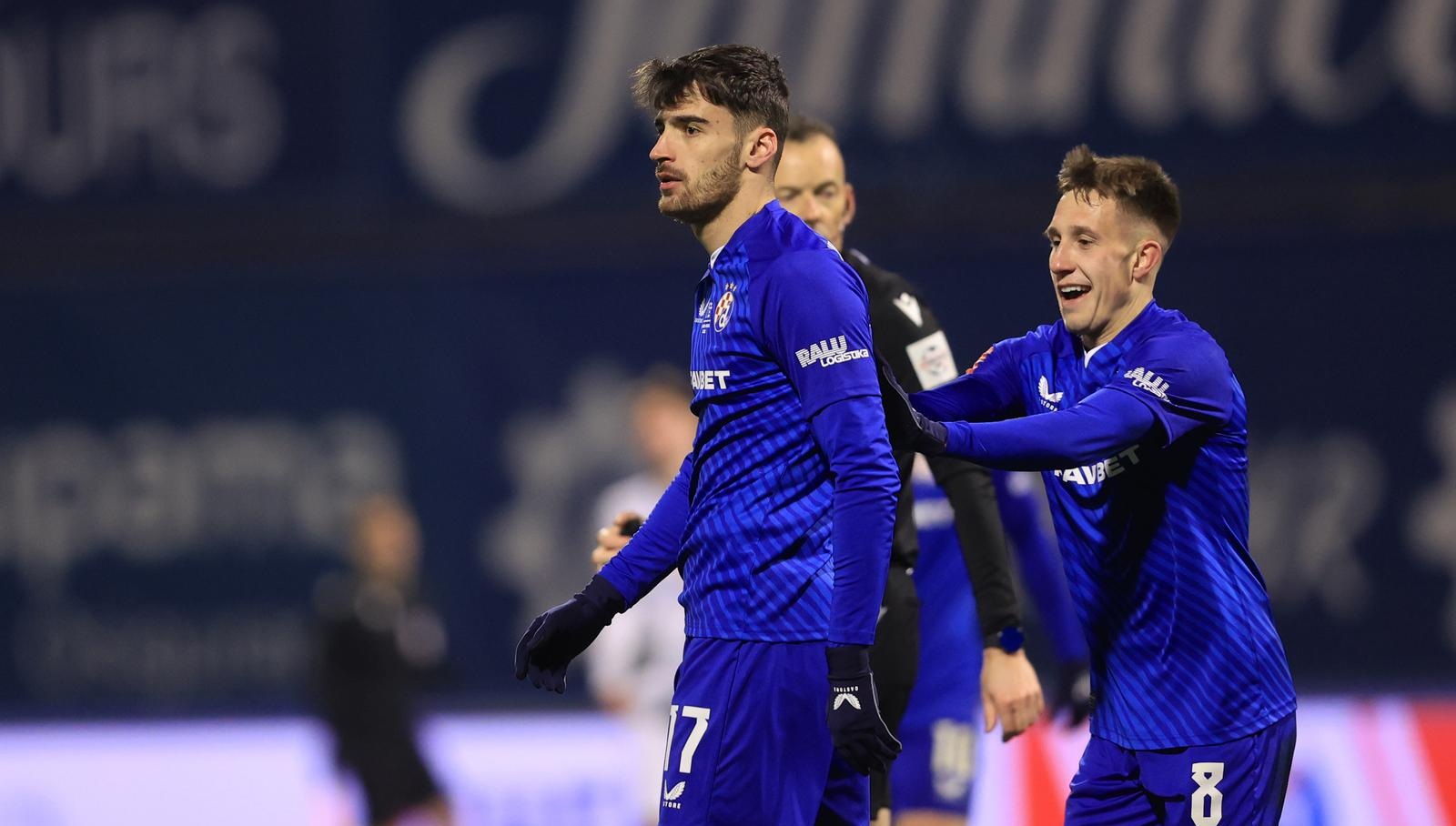 15.02.2025., stadion Maksimir, Zagreb - SuperSport HNL, 22. kolo, GNK Dinamo - HNK Gorica. Slavlje nogometasa Dinama nakon pogotka Sanda Kulenovica za vodstvo 3:1. Sandro Kulenovic, Lukas Kacavenda Photo: Marko Prpic/PIXSELL