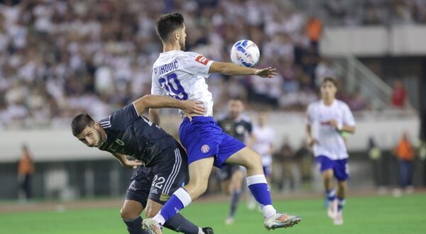 15.08.2024., stadion Poljud, Split - Uzvratna utakmica 3. pretkola kvalifikacija za UEFA Konferencijsku ligu, HNK Hajduk - MFK Ruzomberok. Simon Gabriel, Mate Antunovic Photo: Ivana Ivanovic/PIXSELL