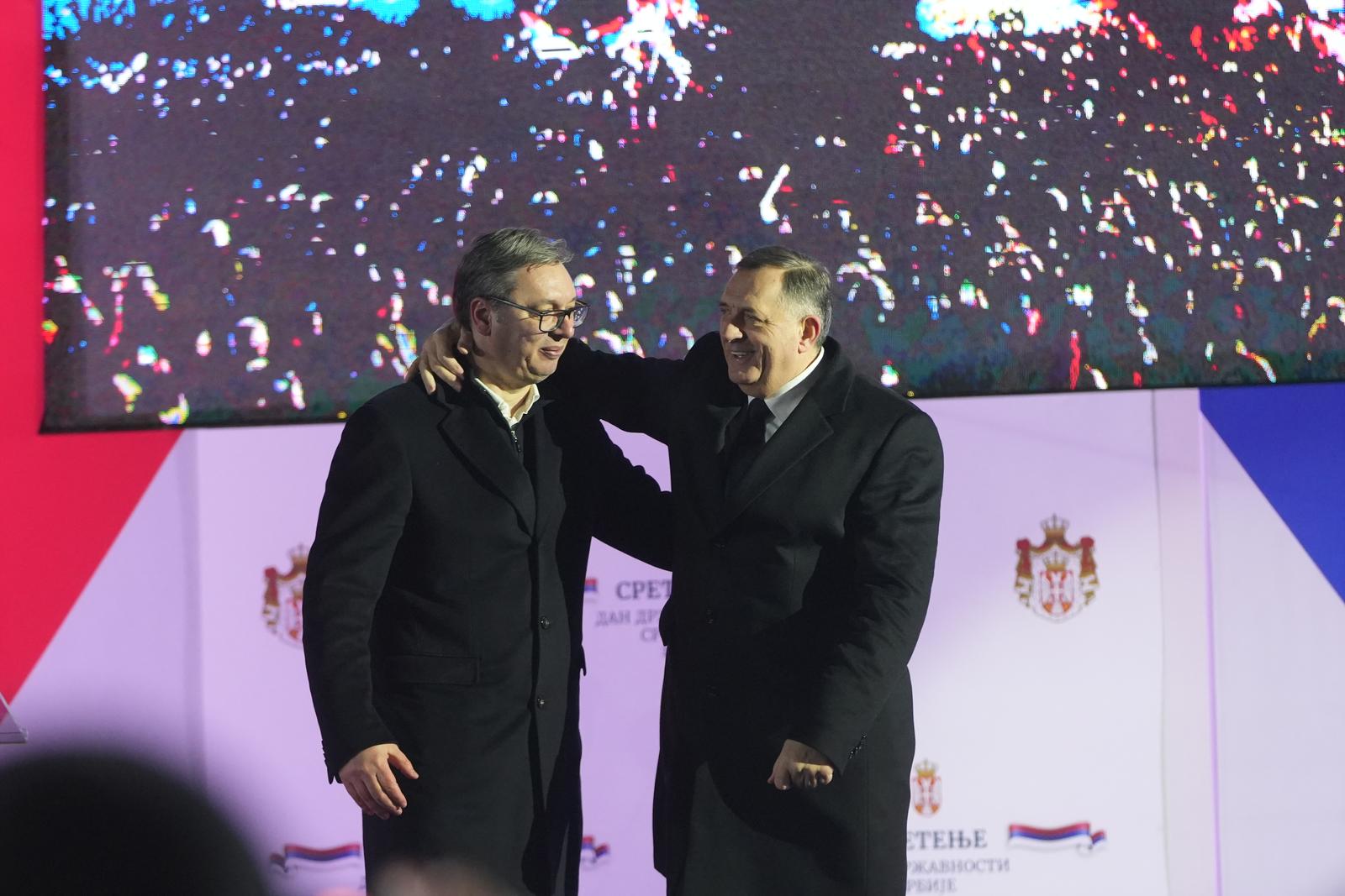 15, February, 2025, Sremska Mitrovica - A rally called "Let's meet at Sretenje" on the occasion of the celebration of the Serbian Statehood Day was held in the center of Sremska Mitrovica. Aleksandar Vucic, Milorad Dodik. Photo: Antonio Ahel/ATAImages

15, februar, 2025, Sremska Mitrovica - Skup pod nazivom "Srecemo se na Sretenje" povodom obelezavanja Dana drzavnosti Srbije odrzan je u centru Sremske Mitrovice. Photo: Antonio Ahel/ATAImages Photo: Antonio Ahel/AtaImages/PIXSELL