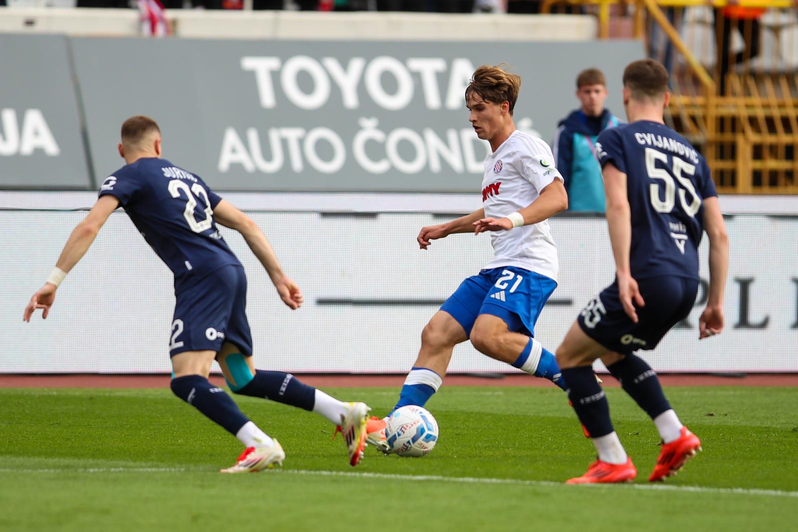 22.02.2025., stadion Poljud, Split - SuperSport HNL, 23. kolo, HNK Hajduk - NK Osijek. Rokas Pukstas, Roko Jurisic, Ivan Cvijanovic. Photo: Zvonimir Barisin/PIXSELL