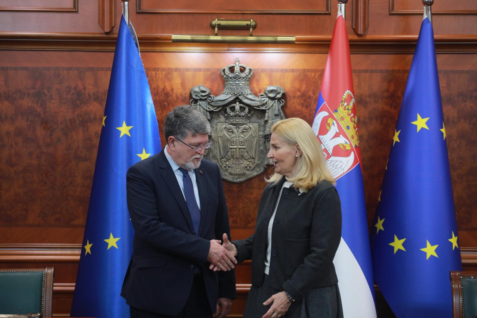 24, February, 2025, Belgrade - The European Parliament rapporteur for Serbia, Tonino Picula, is visiting Serbia from 24 to 26 February and as part of his visit he met with the Minister for European Integration, Tanja Miscevic, at the Government Building in Serbia. Tonino Picula, Tanja Miscevic. Photo: Milos Tesic/ATAImages

24, februar, 2025, Beograd - Izvestilac Evropskog parlamenta za Srbiju Tonino Picula boravi u Srbiji od 24. do 26. februara i u sklopu posete sastao se u zgradi Vlade Srbija sa ministarkom za evropske intergracije Tanjom Miscevic. Photo: Milos Tesic/ATAImages Photo: Milos Tesic/PIXSELL