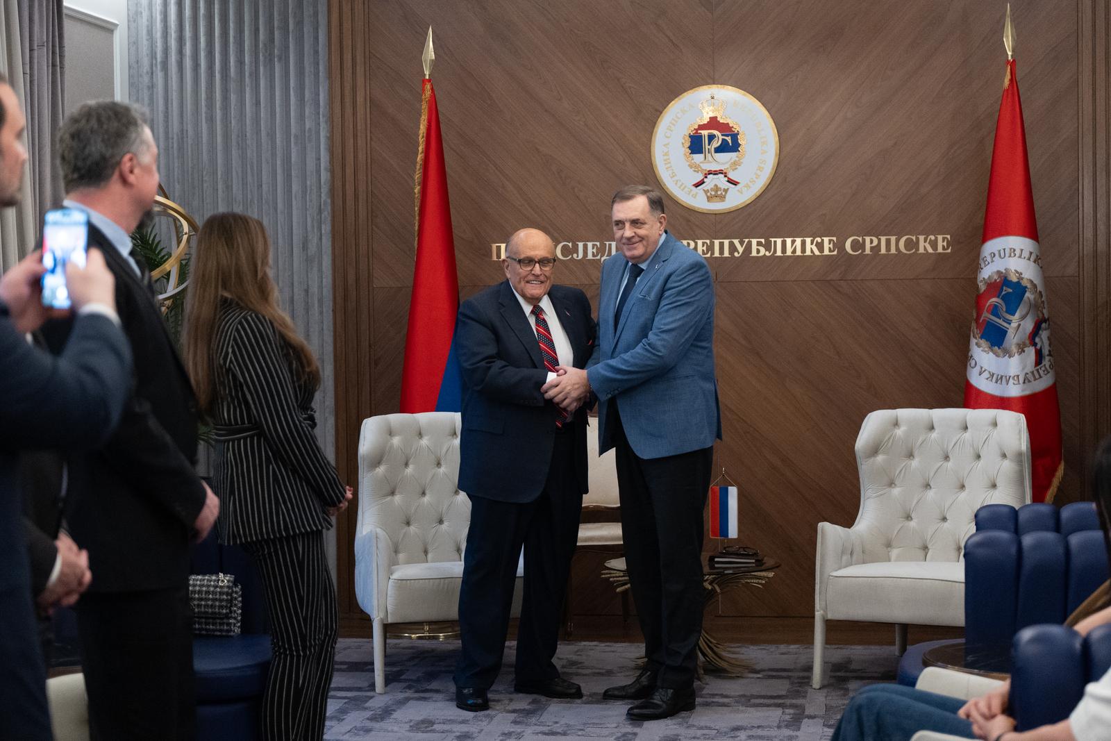 24.02.2025., Palaca Republike, Banja Luka (BiH) - Predsjednik Republike Srpske Milorad Dodik sastao se sa bivsim gradonacelnikom New Yorka Rudolphom Giulianijem. Sastanku je prisustvovala i Gorica Dodik, cerka Milorada Dodika.
Photo: Dejan Rakita/Pixsell Photo: Dejan Rakita/PIXSELL/PIXSELL