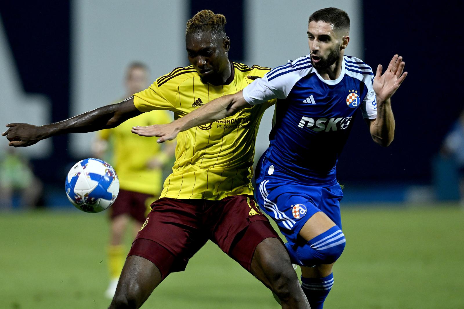 24.08.2023., stadion Maksimir, Zagreb - Prva utakmica play-offa UEFA Europske lige, GNK Dinamo Zagreb - Sparta Prag. Victor Olatunji, Luka Ivanusec. Photo: Marko Lukunic/PIXSELL