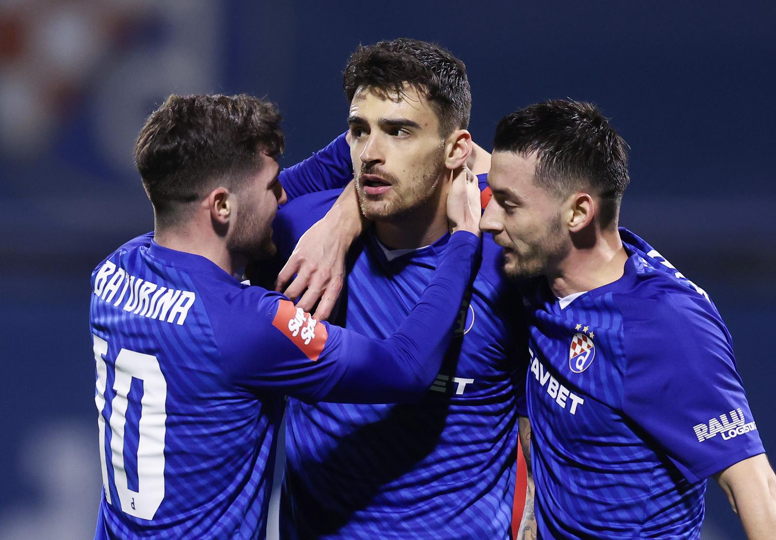 25.01.2025., stadion Maksimir, Zagreb - SuperSport HNL, 19. kolo, GNK Dinamo - NK Istra 1961. Slavlje nogometasa Dinama nakon pogotka Sandra Kulenovica za vodstvo 1:0. Martin Baturina, Sandro Kulenovic, Arber Hoxha Photo: Goran Stanzl/PIXSELL