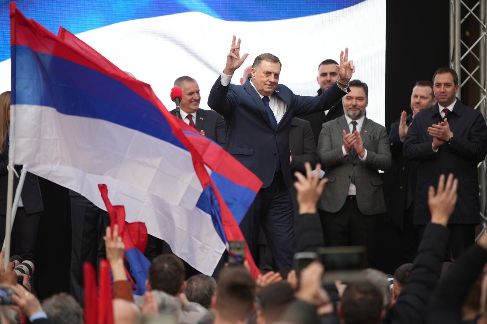 25.02.2025., plato ispred Narodne skupstine RS, Banja Luka (BiH) - Miting podrske predsjedniku RS Miloradu Dodiku uoci izricanja presude pred Sudom BiH. Mitingu prisustvuje i bivsi gradonacelnik New Yorka Rudy Giuliani, Dodikova djeca Igor i Gorca, rukovodstvo Republike Srpske, kao i Milica Djurdjevic Stamenkovski, ministrica iz Vlade Srbije.
  Photo: Dejan Rakita/PIXSELL