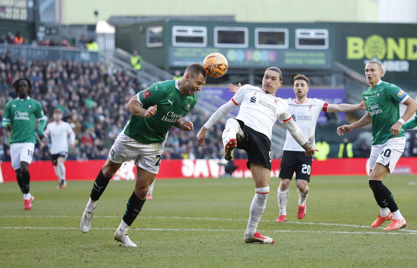 Soccer Football - FA Cup - Fourth Round - Plymouth Argyle v Liverpool - Home Park, Plymouth, Britain - February 9, 2025 Plymouth Argyle's Nikola Katic in action with Liverpool's Darwin Nunez Action Images via Reuters/Peter Cziborra Photo: Peter Cziborra/REUTERS