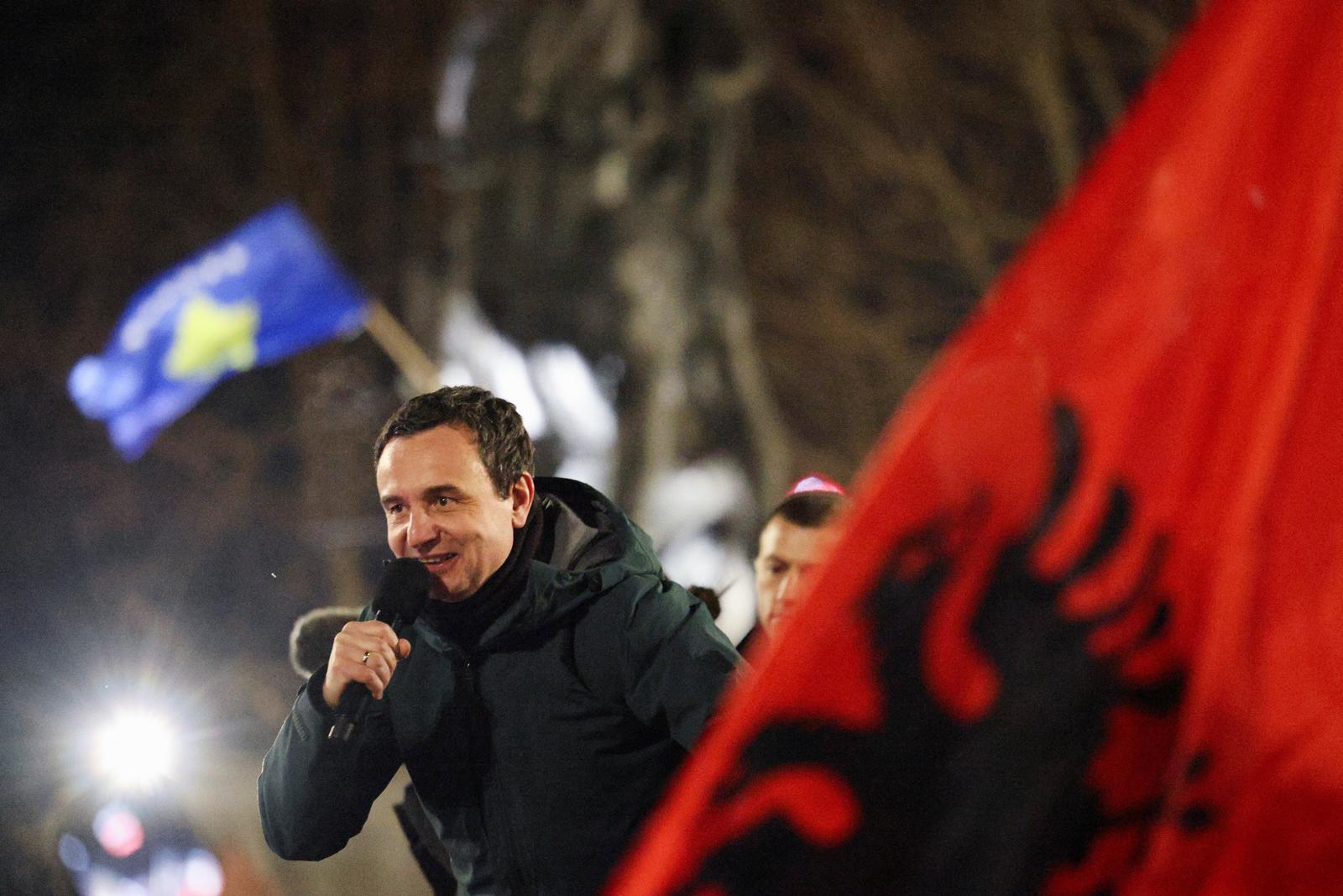 Kosovo's Prime Minister and leader of the ruling Vetevendosje party Albin Kurti addresses supporters as exit polls show the party is set to come first in the parliamentary election, in Pristina, Kosovo February 10, 2025. REUTERS/Florion Goga Photo: Florion Goga/REUTERS