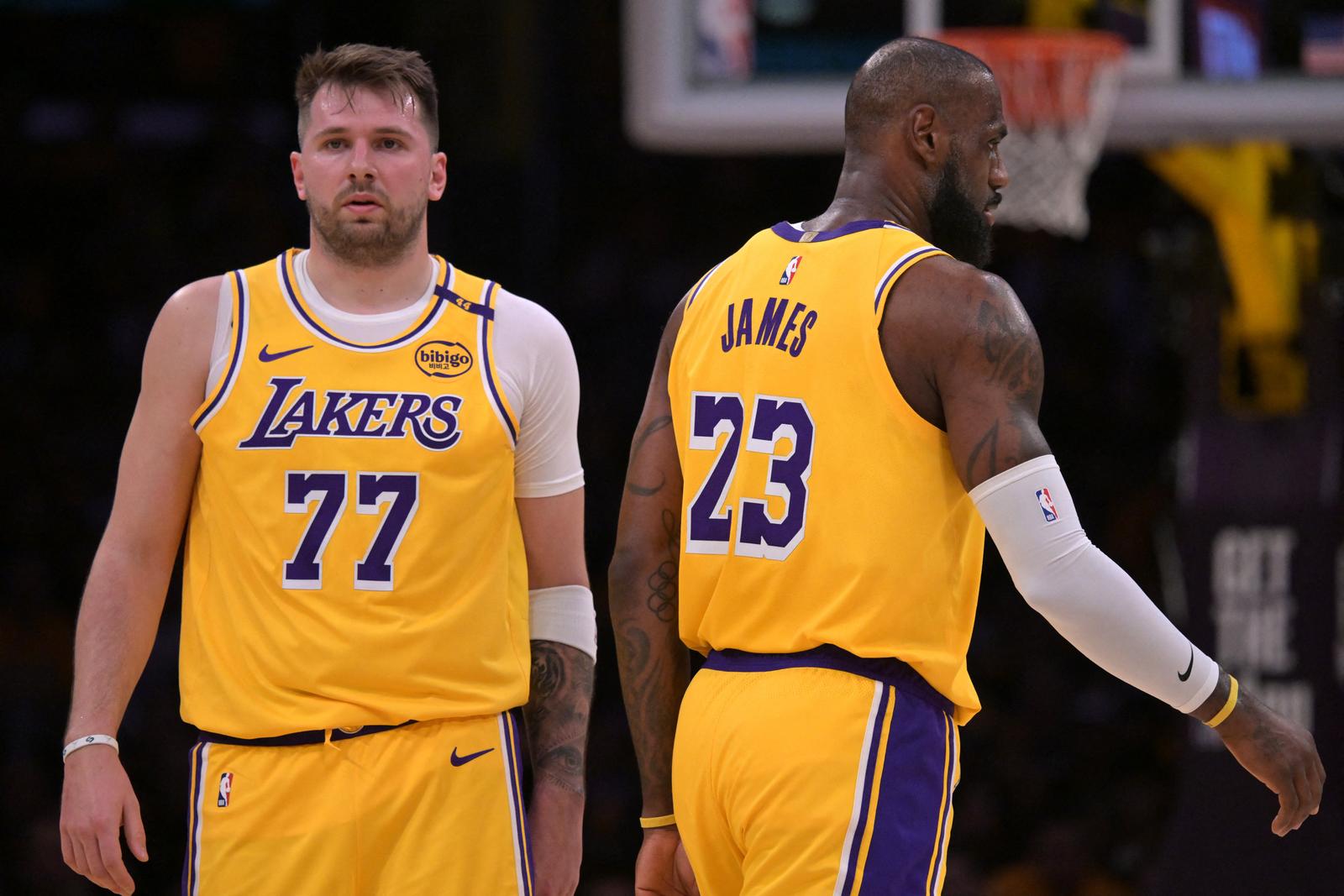 Feb 10, 2025; Los Angeles, California, USA; Los Angeles Lakers guard Luka Doncic (77) and forward LeBron James (23) on the court in the first half against the Utah Jazz at Crypto.com Arena. Mandatory Credit: Jayne Kamin-Oncea-Imagn Images Photo: Jayne Kamin-Oncea/REUTERS