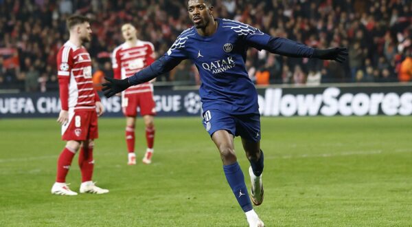 Soccer Football - Champions League - Knockout Phase Playoff - First Leg - Brest v Paris St Germain - Stade de Roudourou, Guingamp, France - February 11, 2025 Paris St Germain's Ousmane Dembele celebrates scoring their second goal REUTERS/Stephane Mahe Photo: STEPHANE MAHE/REUTERS
