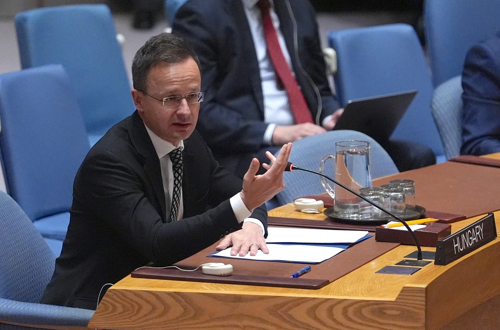 NEW YORK, UNITED STATES - FEBRUARY 18: Hungarian Foreign Minister Peter Szijjarto attends a meeting of the United Nations Security Council chaired by China's Foreign Minister Wang Yi, on the maintenance of international peace and security, on February 18, 2025 at the UN headquarters, in New York City, United States. Selcuk Acar / Anadolu/ABACAPRESS.COM,Image: 965739376, License: Rights-managed, Restrictions: , Model Release: no, Credit line: AA/ABACA / Abaca Press / Profimedia