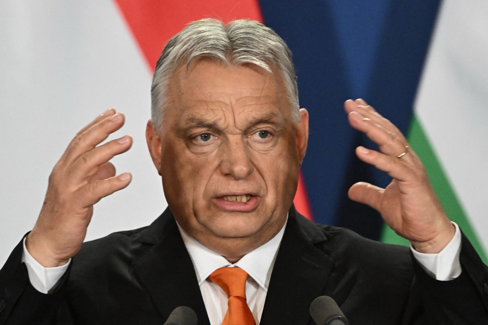 Hungarian Prime Minister Viktor Orban (R) speaks during a joint press conference with the Serbian President at the Prime Minister's Office at Buda Castle in Budapest, Hungary, on February 17, 2025.   The Serbian President is decorated with the Hungarian Order of Merit’s Grand Cross with Chain, an award reserved for Hungarian and foreign heads of state, by his Hungarian counterpart Tamas Sulyok.,Image: 965237453, License: Rights-managed, Restrictions: , Model Release: no, Credit line: Attila KISBENEDEK / AFP / Profimedia