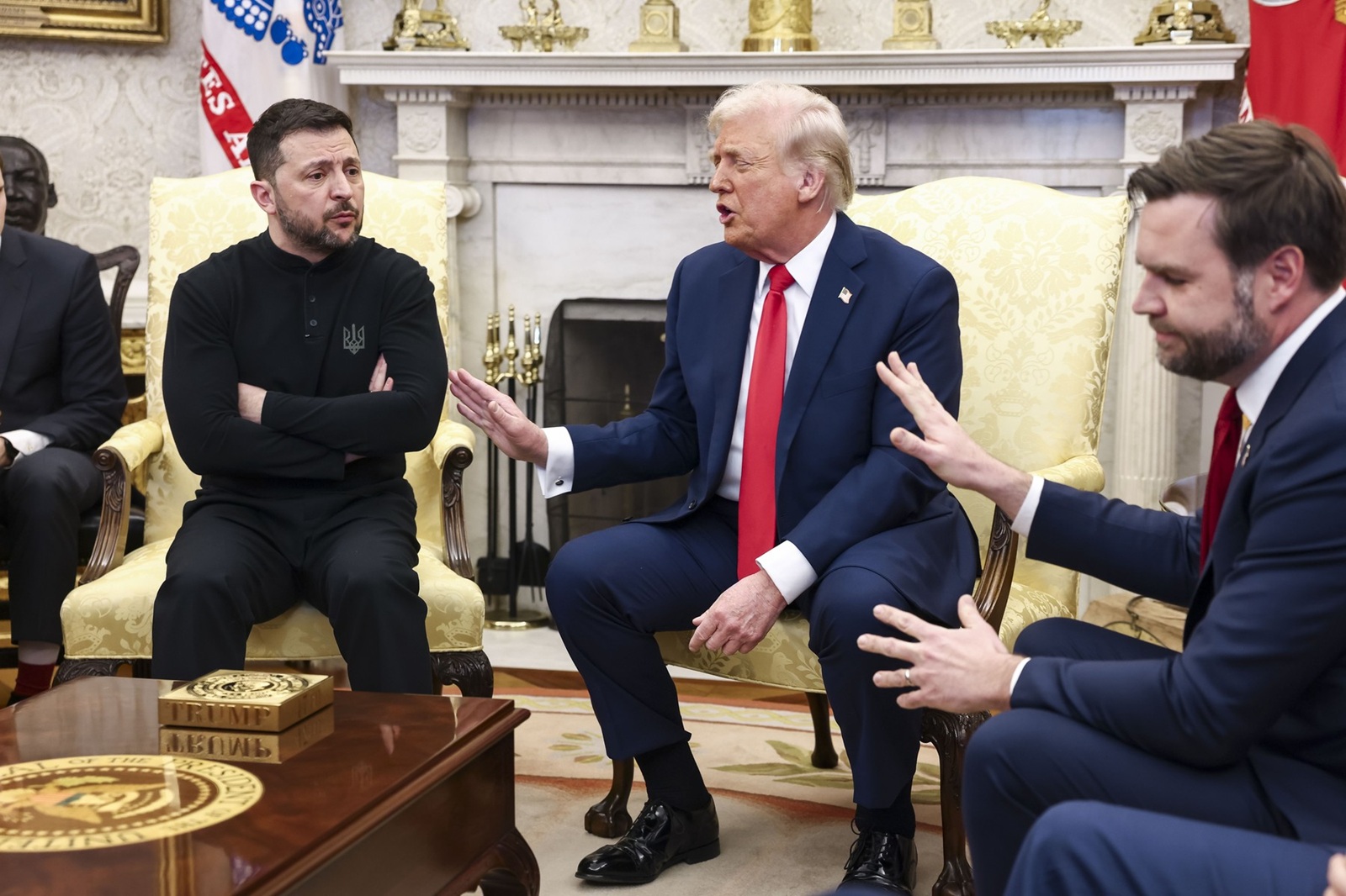 Ukrainian President Volodymyr Zelensky (L) talks with US President Donald Trump (C) and US Vice President JD Vance (R) in the Oval Office of the White House in Washington, DC, USA, 28 February 2025. Zelensky is in Washington to sign the framework of a deal, pushed by President Trump, to share Ukraines�s mineral wealth with the US.,Image: 970216439, License: Rights-managed, Restrictions: **Not for sale in: USA, Brazil, Mexico,**, Model Release: no, Credit line: RS/MPI / Capital pictures / Profimedia