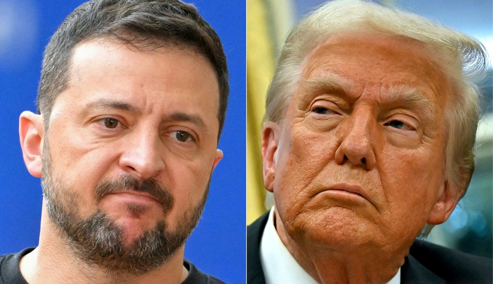 (COMBO) This combination of pictures created on February 12, 2025 shows (L-R) Ukraine's president Volodymyr Zelensky in Brussels, on October 17, 2024 and US President Donald Trump on February 10, 2025, in Washington, DC. 
 Ukrainian President Volodymyr Zelensky held a telephone call with Donald Trump on February 12, 2025, the presidency in Kyiv said, shortly after the US president said he spoke with Russian President Vladimir Putin. The Ukrainian presidency told reporters that the call lasted approximately one hour. Trump had earlier said he would call Zelensky after speaking with Putin.,Image: 962864604, License: Rights-managed, Restrictions: , Model Release: no, Credit line: NICOLAS TUCAT / AFP / Profimedia