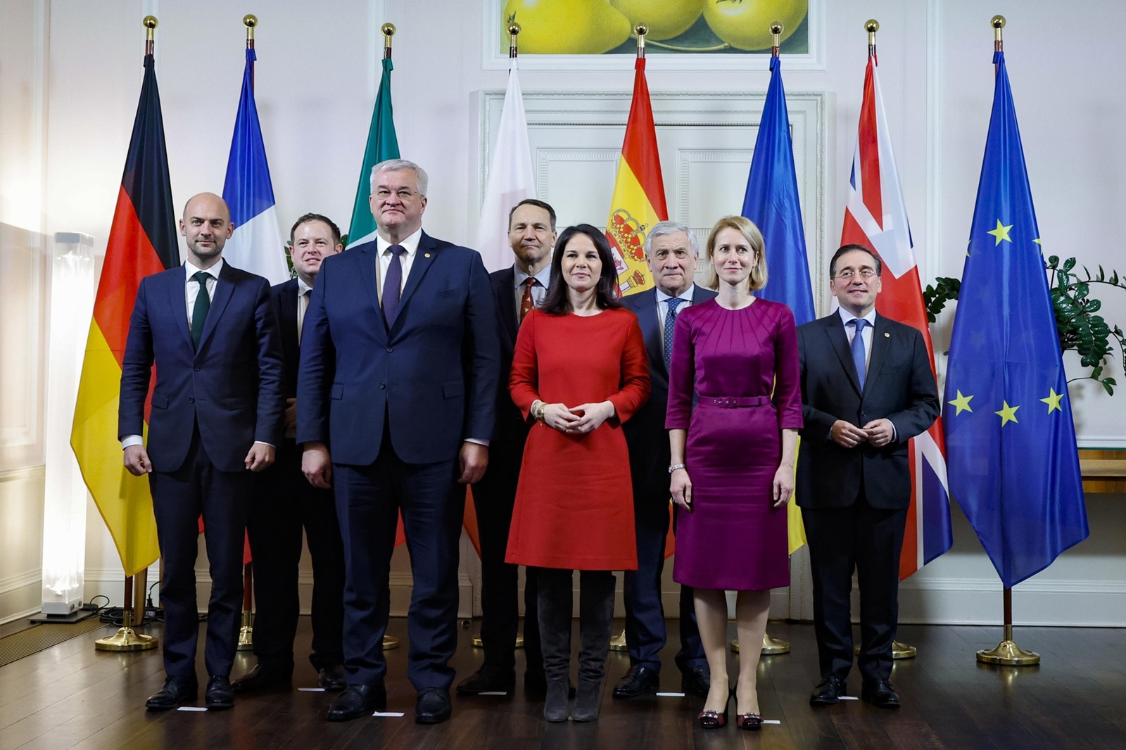 December 12, 2024, Berlin, GERMANY: (L-R) French Foreign Affairs Minister Jean-Noel Barrot, Britain's Minister of State for Europe, North America and Overseas Territories Stephen Doughty, Ukrainian Foreign Minister Andrij Sybiha, Poland Foreign Affairs Minister Radoslaw Sikorski, German Foreign Minister Annalena Baerbock, Italian Foreign Minister and Deputy Prime Minister Antonio Tajani, High Representative for Foreign Affairs and Security Policy and Vice-President of the European Commission  Kaja Kallas and Spanish Foreign Minister J?osé Manuel Albares Bueno during a Foreign Ministerial Meeting at Villa Borsig, Berlin, Germany, 12 December 2024.  ANSA/FABIO FRUSTACI,Image: 945941996, License: Rights-managed, Restrictions: * Italy Rights Out *, Model Release: no, Credit line: Fabio Frustaci / Zuma Press / Profimedia