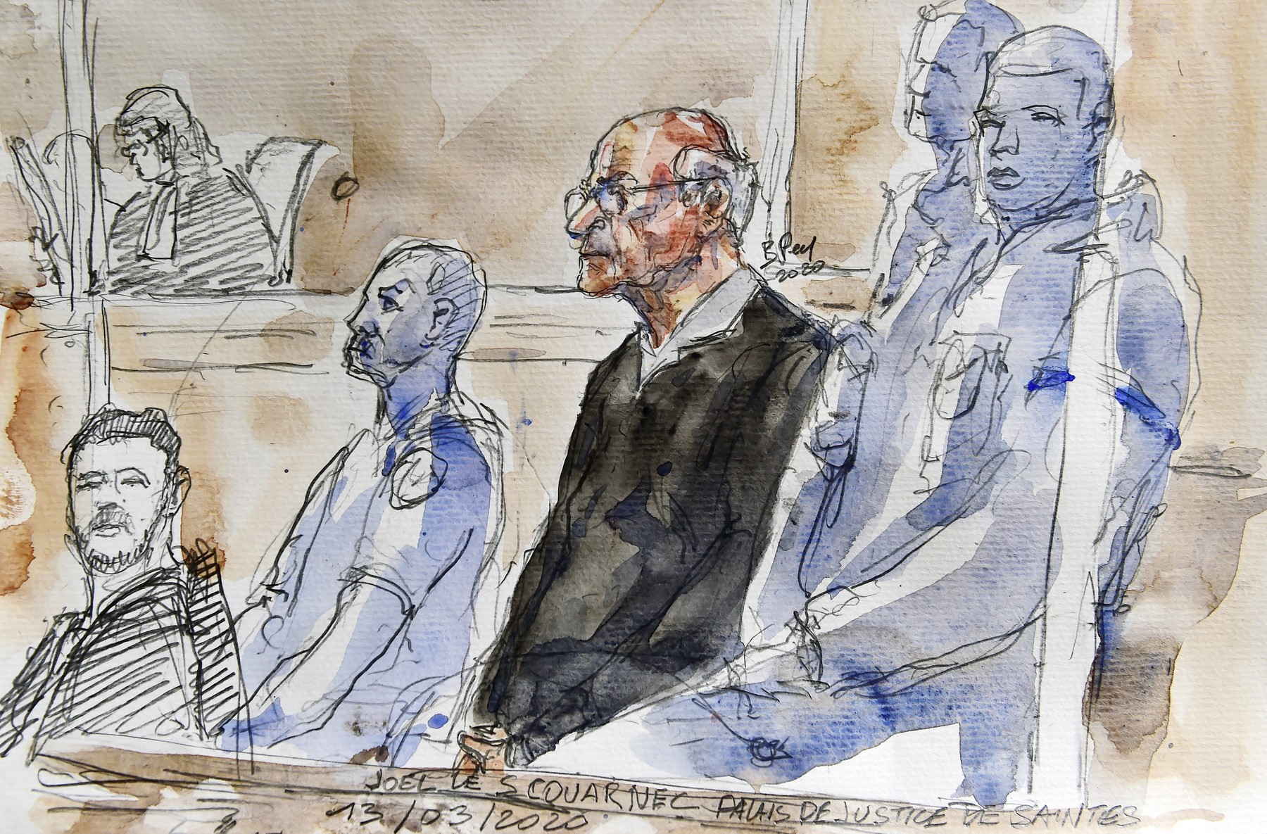 This court sketch released by the artist on March 13, 2020, shows French retired surgeon Joel Le Scouarnec attending his trial for the rape and sexual abuse of four children, at the courthouse in Saintes, western France. The 68 year-old retired French surgeon may have raped or sexually abused as many as 349 children over his near 30-year career and could be France's biggest-ever paedophilia case. Allegations against him cover the three decades he practised in hospitals across central and western France. They include accusations that he raped a six-year-old girl living in his neighbourhood, raped a young relative and sexually assaulted another, abused a child patient, and indecently exposing himself. After charges were brought against him in these cases, investigators discovered secret diaries in which Le Scouarnec described sex scenes involving scores more children. The children were named, allowing police to track them down to obtain their testimony, leading to additional charges.,Image: 505902510, License: Rights-managed, Restrictions: , Model Release: no, Credit line: Benoit PEYRUCQ / AFP / Profimedia