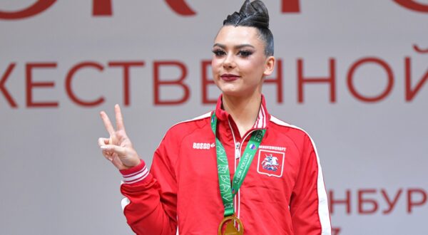 8574495 04.12.2023 Gold medalist Russia's Lala Kramarenko poses on the podium during the award ceremony for the individual ball event of the international competitions as part of the Russian Rhythmic Gymnastics Cup at the Center for Rhythmic and Aesthetic Gymnastics in Yekaterinburg, Russia.,Image: 826613881, License: Rights-managed, Restrictions: Editors' note: THIS IMAGE IS PROVIDED BY RUSSIAN STATE-OWNED AGENCY SPUTNIK., Model Release: no, Credit line: Pavel Lisitsyn / Sputnik / Profimedia