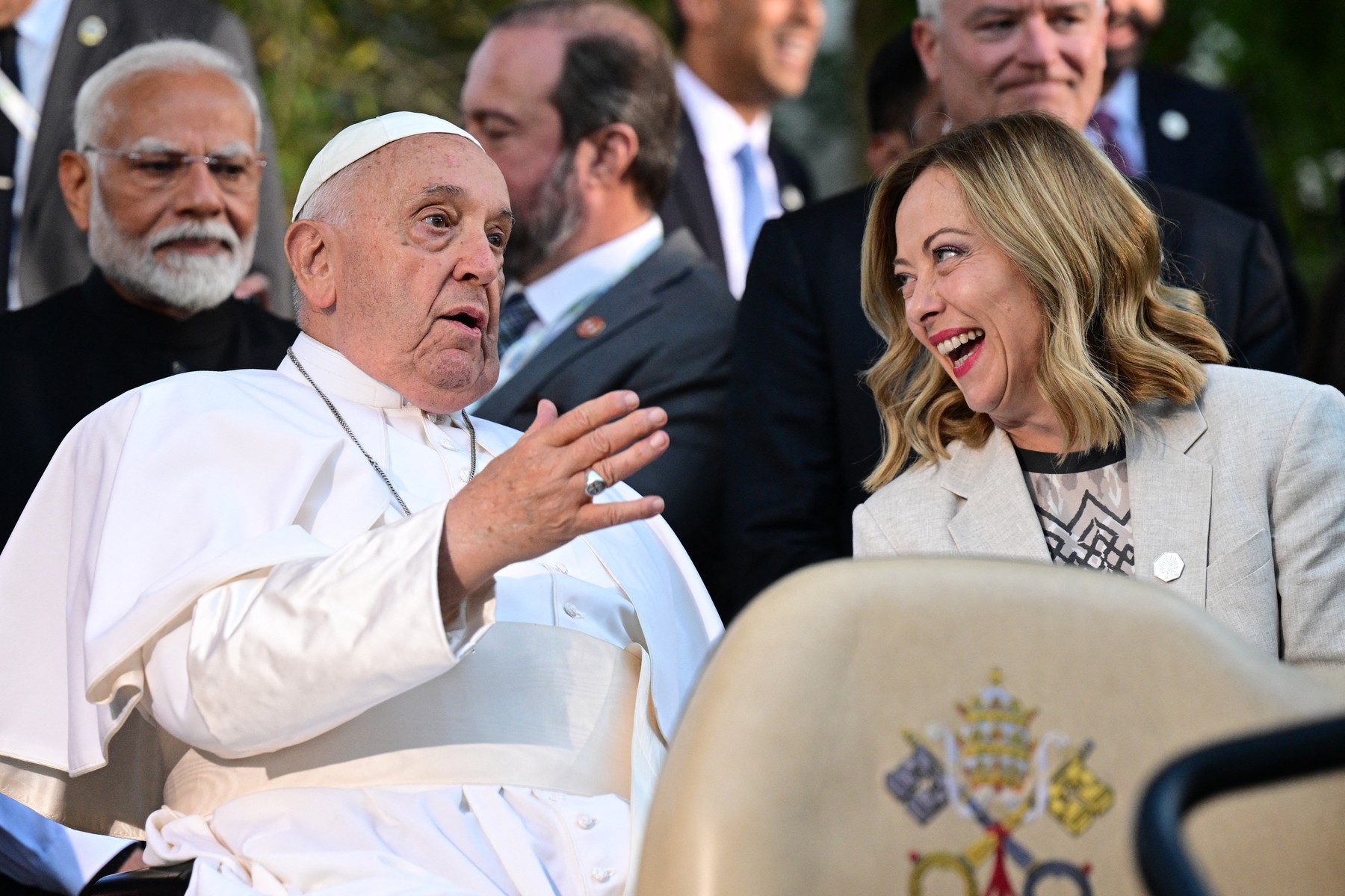 Pope Francis (L) and Italy's Prime Minister Giorgia Meloni arrive to pose for a family photo with G7 heads of States and heads of delegation of Outreach countries at Borgo Egnazia resort during the G7 Summit hosted by Italy in Apulia region, on June 14, 2024 in Savelletri.,Image: 881646523, License: Rights-managed, Restrictions: , Model Release: no, Credit line: Tiziana FABI / AFP / Profimedia