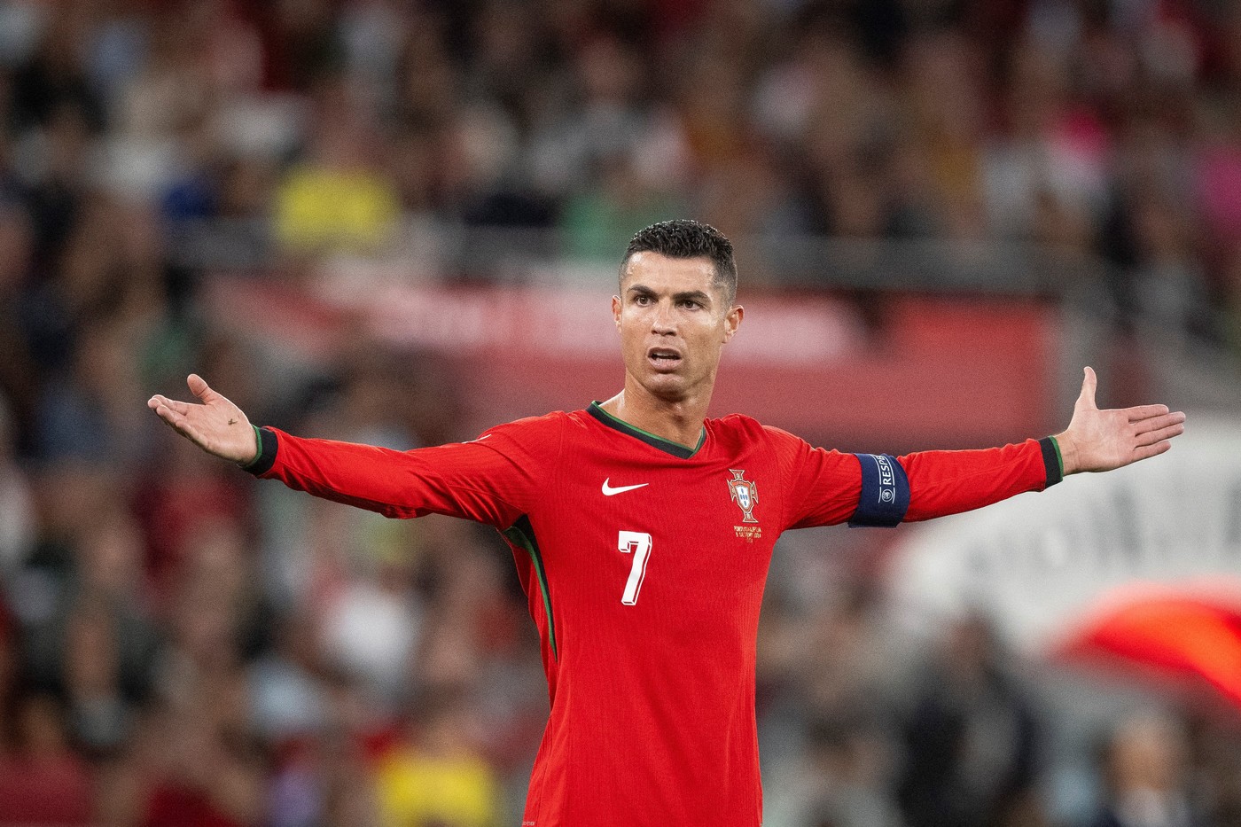 Portugal’s forward #7 Cristiano Ronaldo reacts during the UEFA Nations League football match, group A, between Portugal and Scotland at Luz stadium in Lisbon on September 8, 2024.,Image: 905894932, License: Rights-managed, Restrictions: , Model Release: no, Credit line: Patricia DE MELO MOREIRA / AFP / Profimedia