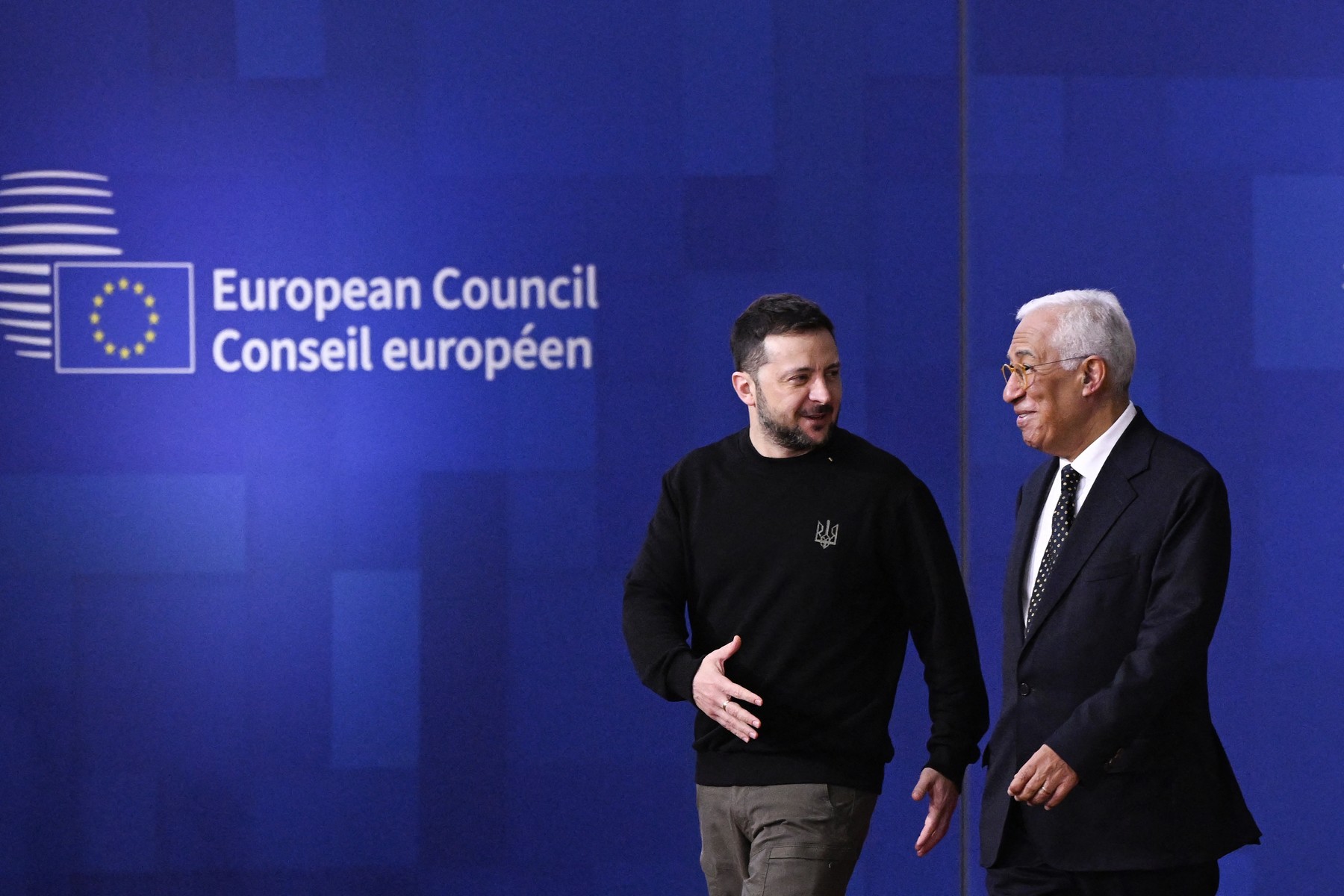 Ukraine's President Volodymyr Zelensky (L) arrives with European Council President Antonio Costa (R) to speak to the press prior to the European Council meeting at the EU headquarters in Brussels on December 19, 2024.,Image: 948391104, License: Rights-managed, Restrictions: , Model Release: no, Credit line: JOHN THYS / AFP / Profimedia