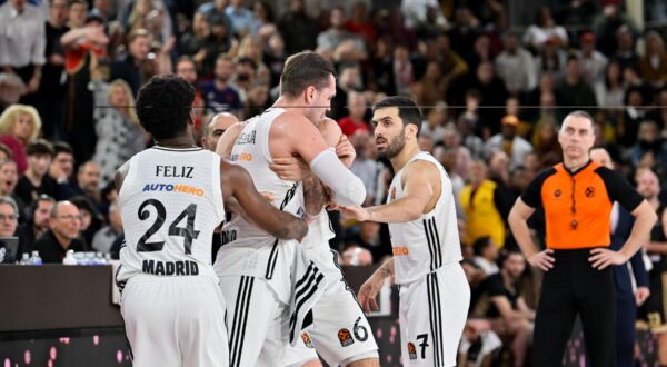 January 31, 2025, Monaco, Monaco: Madrid player #11 Mario Hezonja is calmed down by his partners after being sent off by the referees during the Turkish Airlines Basketball Euroleague match between AS Monaco and Real Madrid in Salle Gaston Medecin in Monaco. Final Score: AS Monaco 77 - 73 Real Madrid,Image: 959450323, License: Rights-managed, Restrictions: , Model Release: no, Credit line: Laurent Coust / Zuma Press / Profimedia