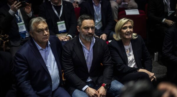 Meeting of Patriots for Europe, the European Parliament's largest far-right bloc, at a hotel in Madrid under the slogan â??Make Europe Great Againâ?? 

Spanish far-right VOX party leader Santiago Abascal, centre,  French far-right leader Marine Le Pen, right and Hungarian Prime Minister Viktor Orban during the far-right Patriots for Europe summit in Madrid, Spain, Saturday, Feb. 8, 2025. //THEVENINBRUNO_Sipa.01.2839/Credit:Bruno THEVENIN/SIPA/2502081511,Image: 961250856, License: Rights-managed, Restrictions: , Model Release: no, Credit line: Bruno THEVENIN / Sipa Press / Profimedia