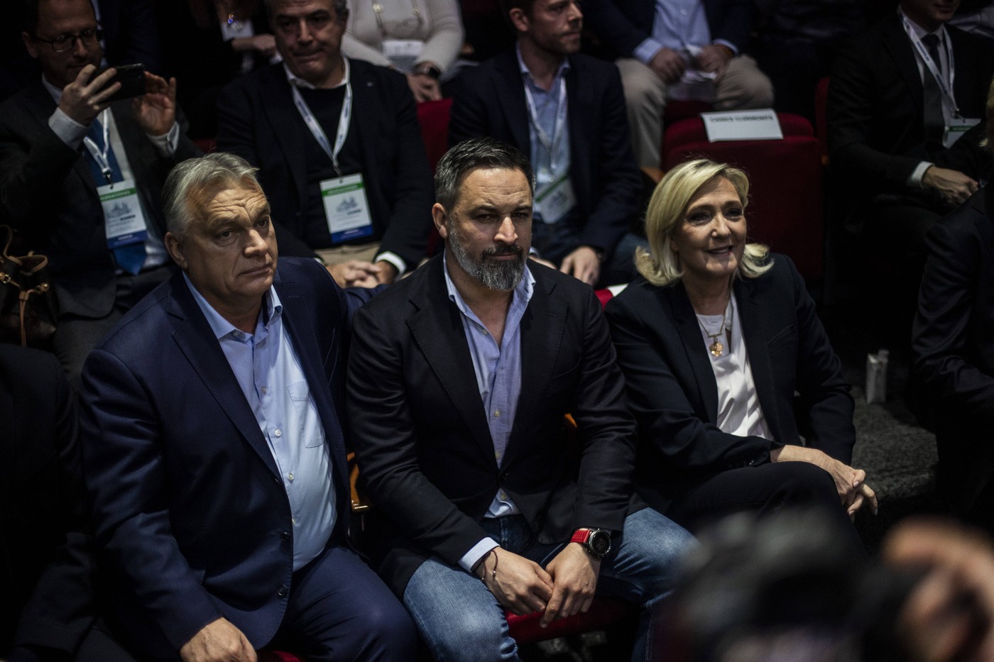 Meeting of Patriots for Europe, the European Parliament's largest far-right bloc, at a hotel in Madrid under the slogan â??Make Europe Great Againâ?? 

Spanish far-right VOX party leader Santiago Abascal, centre,  French far-right leader Marine Le Pen, right and Hungarian Prime Minister Viktor Orban during the far-right Patriots for Europe summit in Madrid, Spain, Saturday, Feb. 8, 2025. //THEVENINBRUNO_Sipa.01.2839/Credit:Bruno THEVENIN/SIPA/2502081511,Image: 961250856, License: Rights-managed, Restrictions: , Model Release: no, Credit line: Bruno THEVENIN / Sipa Press / Profimedia