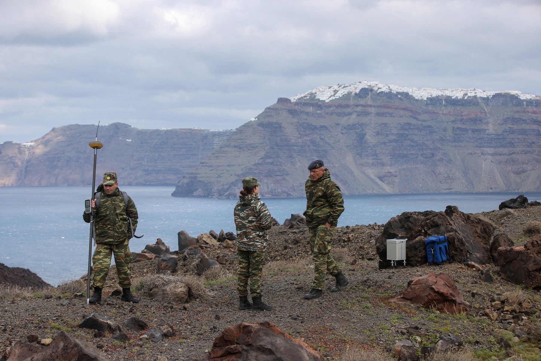 SANTORINI, GREECE - FEBRUARY 10: Experts and members of the military investigate seismic activity at Nea Kameni, uninhabited Greek island of volcanic origin located in the Aegean Sea, within the flooded Santorini caldera in Greece on February 10, 2025. The increased seismic activity in Santorini in recent weeks has caused great panic among residents and visitors to the island. Ayhan Mehmet / Anadolu,Image: 961825462, License: Rights-managed, Restrictions: , Model Release: no, Credit line: Ayhan Mehmet / AFP / Profimedia
