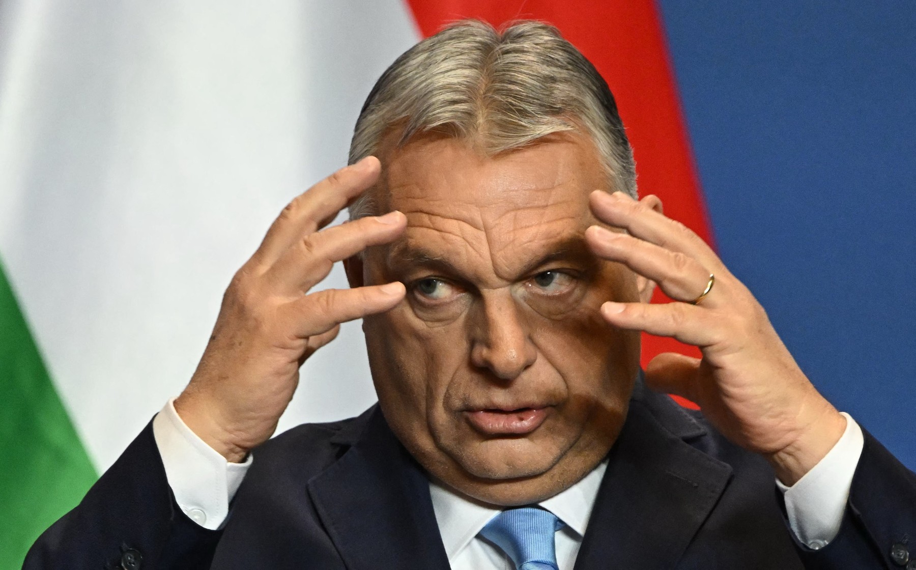 Hungarian Prime Minister Viktor Orban gestures as he gives a joint press conference with the co-leader of Germany's far-right Alternative for Germany (AfD) party Alice Weidel (not in picture) in the Hungarian prime minister's office, the Karmelita monastery in Budapest, following talks on February 12, 2025.,Image: 962764764, License: Rights-managed, Restrictions: , Model Release: no, Credit line: Attila KISBENEDEK / AFP / Profimedia