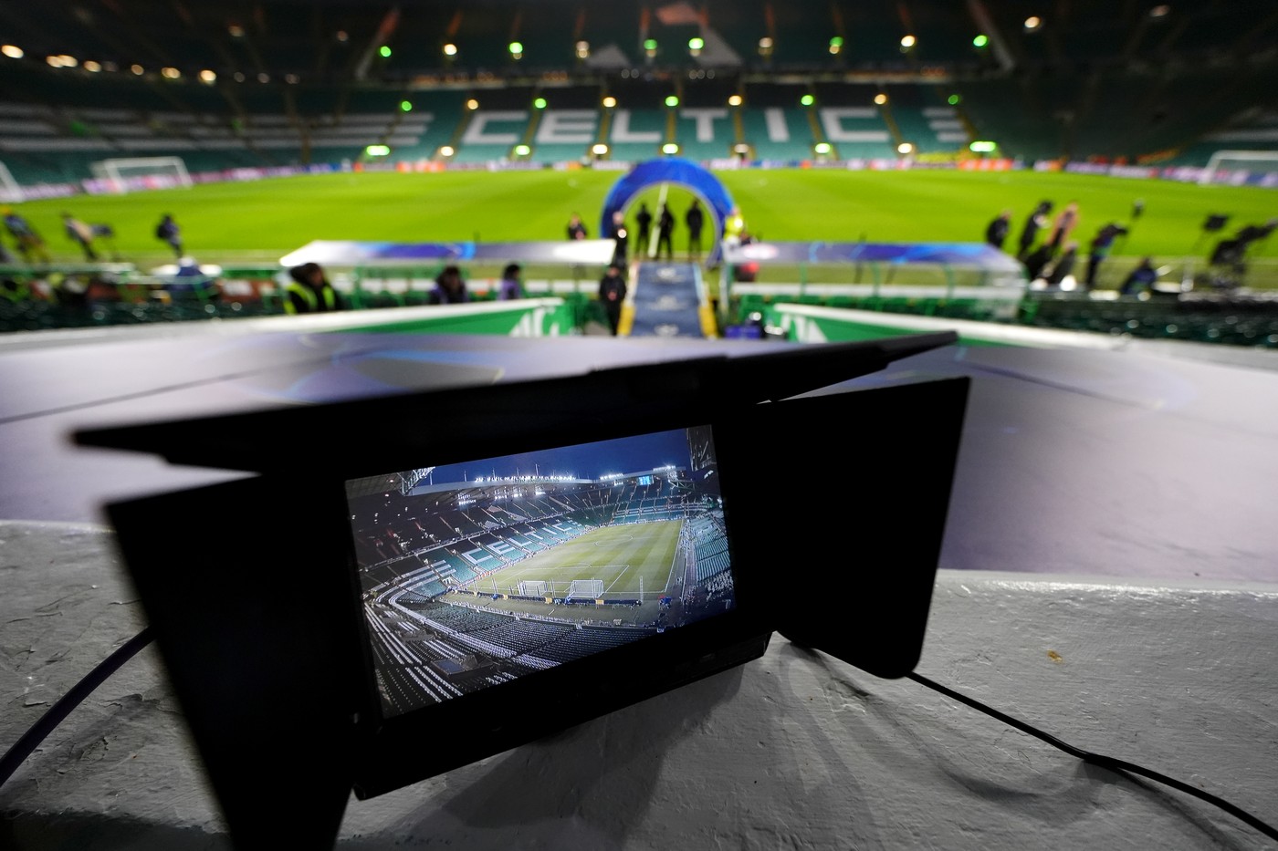 A view of a TV camera pointing towards the pitch before the UEFA Champions League match at Celtic Park, Glasgow. Picture date: Wednesday February 12, 2025.,Image: 962863689, License: Rights-managed, Restrictions: Use subject to restrictions. Editorial use only, no commercial use without prior consent from rights holder., Model Release: no, Credit line: Andrew Milligan / PA Images / Profimedia