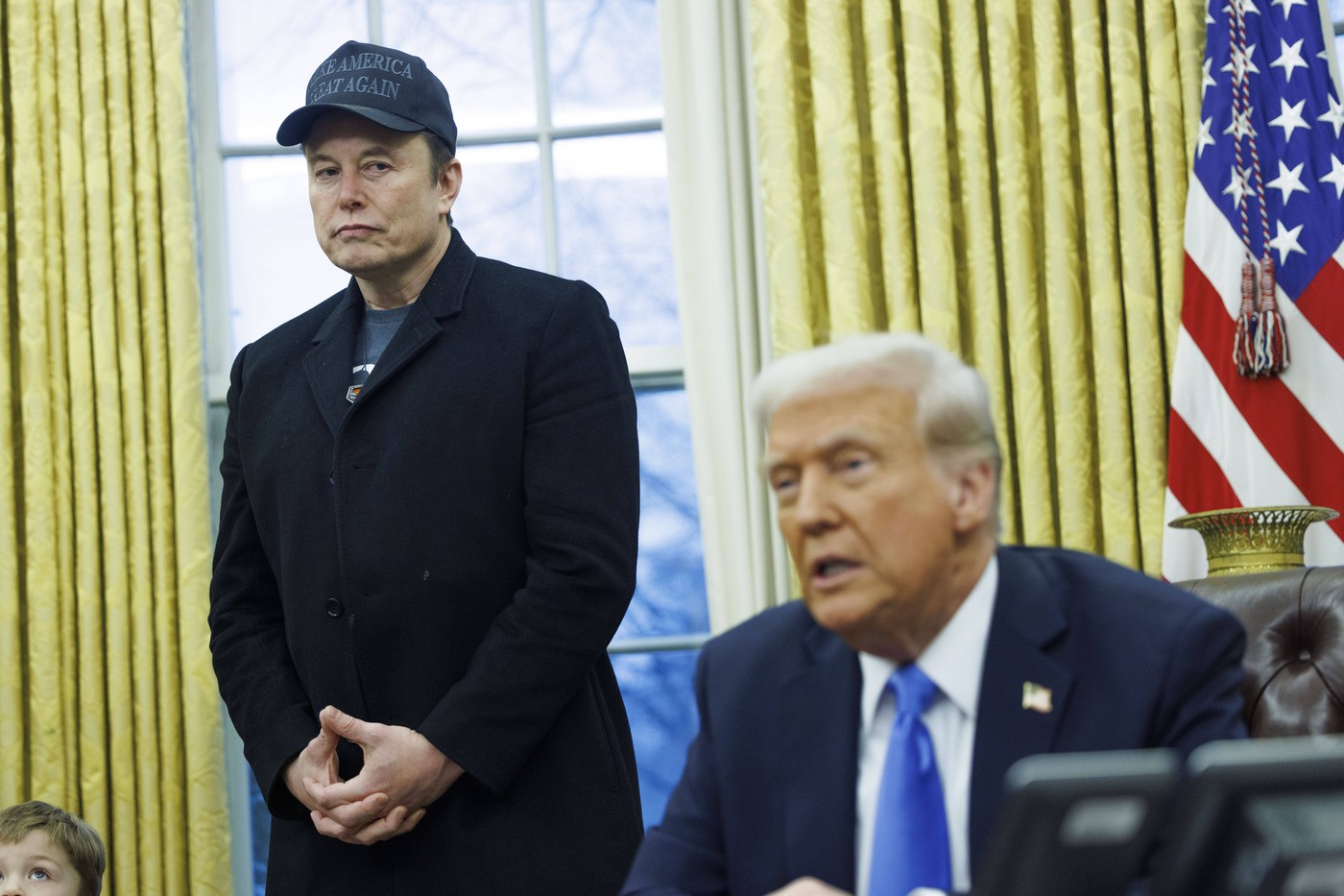 Elon Musk looks on as US President Donald Trump gives remarks to the media, in the Oval Office of the White House in Washington DC on Tuesday, February 11, 2025. Credit: Aaron Schwartz / CNP/AdMedia//Z-ADMEDIA_adm_021125_TrumpMusk_CNP_030/Credit:CNP/AdMedia/SIPA/2502130543,Image: 963044628, License: Rights-managed, Restrictions: , Model Release: no, Credit line: CNP/AdMedia / Sipa Press / Profimedia