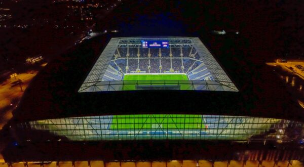 A drone view of Everton's new stadium at Bramley-Moore Dock during an Everton under-18 friendly match test event. Picture date: Monday February 17, 2025.,Image: 965271100, License: Rights-managed, Restrictions: Use subject to restrictions. Editorial use only, no commercial use without prior consent from rights holder., Model Release: no, Credit line: Peter Byrne / PA Images / Profimedia