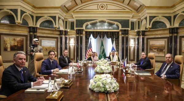 (L to R) US Middle East envoy Steve Witkoff, Secretary of State Marco Rubio, National Security Advisor Mike Waltz, Saudi Arabia's Foreign Minister Prince Faisal bin Farhan al-Saud, National Security Advisor Mosaad bin Mohammad al-Aiban, the Russian president's foreign policy advisor Yuri Ushakov, and Russia's Foreign Minister Sergei Lavrov attend a meeting together at Riyadh's Diriyah Palace on February 18, 2025. Top US and Russian diplomats were meeting in Saudi Arabia on Tuesday for talks on resetting their countries' fractured relations and making a tentative start on trying to end the Ukraine war. Both sides played down the chances that the first high-level meeting between the countries since US President Donald Trump took office would result in a breakthrough.,Image: 965435496, License: Rights-managed, Restrictions: , Model Release: no, Credit line: Evelyn Hockstein / AFP / Profimedia