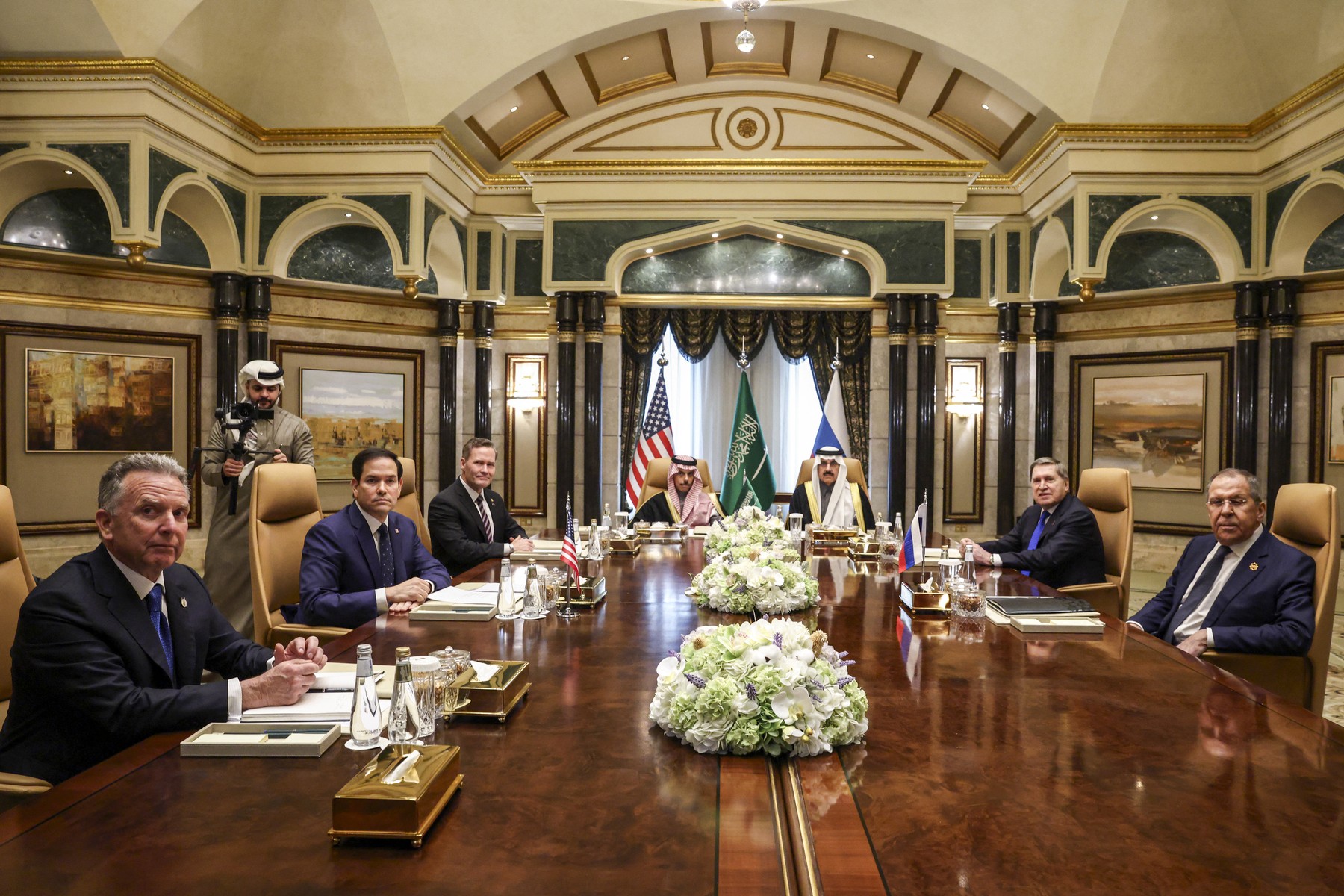 (L to R) US Middle East envoy Steve Witkoff, Secretary of State Marco Rubio, National Security Advisor Mike Waltz, Saudi Arabia's Foreign Minister Prince Faisal bin Farhan al-Saud, National Security Advisor Mosaad bin Mohammad al-Aiban, the Russian president's foreign policy advisor Yuri Ushakov, and Russia's Foreign Minister Sergei Lavrov attend a meeting together at Riyadh's Diriyah Palace on February 18, 2025. Top US and Russian diplomats were meeting in Saudi Arabia on Tuesday for talks on resetting their countries' fractured relations and making a tentative start on trying to end the Ukraine war. Both sides played down the chances that the first high-level meeting between the countries since US President Donald Trump took office would result in a breakthrough.,Image: 965435496, License: Rights-managed, Restrictions: , Model Release: no, Credit line: Evelyn Hockstein / AFP / Profimedia
