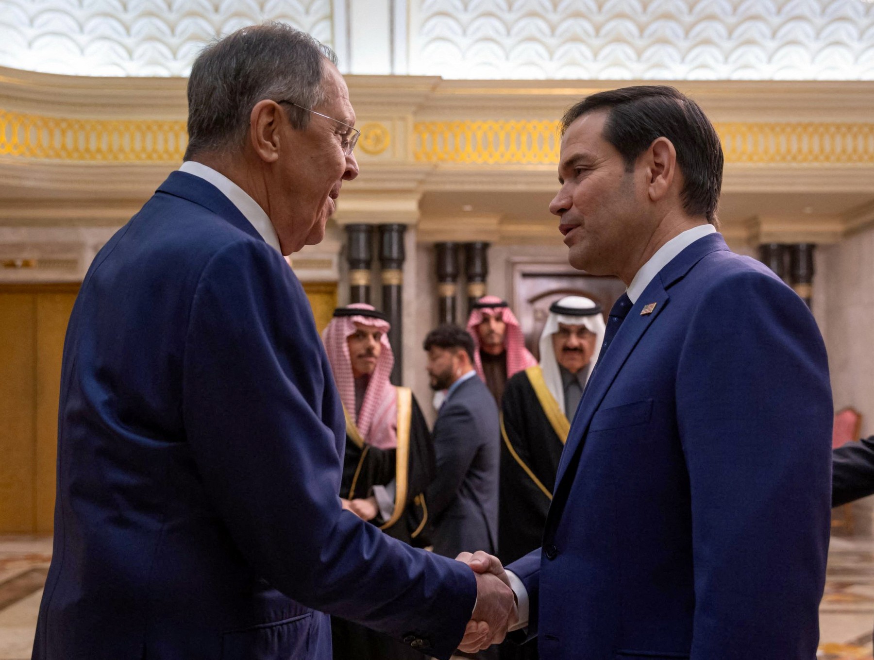 In this handout picture released by the official Saudi Press Agency (SPA), US Secretary of State Marco Rubio (R) shakes hands with Russian Foreign Minister Sergei Lavrov during their meeting at Diriyah Palace, in Riyadh, Saudi Arabia, on February 18, 2025. The desert kingdom hosted US-Russia talks, state media reported on February 18.,Image: 965679465, License: Rights-managed, Restrictions: RESTRICTED TO EDITORIAL USE - MANDATORY CREDIT "AFP PHOTO / SPA " - NO MARKETING NO ADVERTISING CAMPAIGNS - DISTRIBUTED AS A SERVICE TO CLIENTS, ***
HANDOUT image or SOCIAL MEDIA IMAGE or FILMSTILL for EDITORIAL USE ONLY! * Please note: Fees charged by Profimedia are for the Profimedia's services only, and do not, nor are they intended to, convey to the user any ownership of Copyright or License in the material. Profimedia does not claim any ownership including but not limited to Copyright or License in the attached material. By publishing this material you (the user) expressly agree to indemnify and to hold Profimedia and its directors, shareholders and employees harmless from any loss, claims, damages, demands, expenses (including legal fees), or any causes of action or allegation against Profimedia arising out of or connected in any way with publication of the material. Profimedia does not claim any copyright or license in the attached materials. Any downloading fees charged by Profimedia are for Profimedia's services only. * Handling Fee Only 
***, Model Release: no, Credit line: AFP / AFP / Profimedia