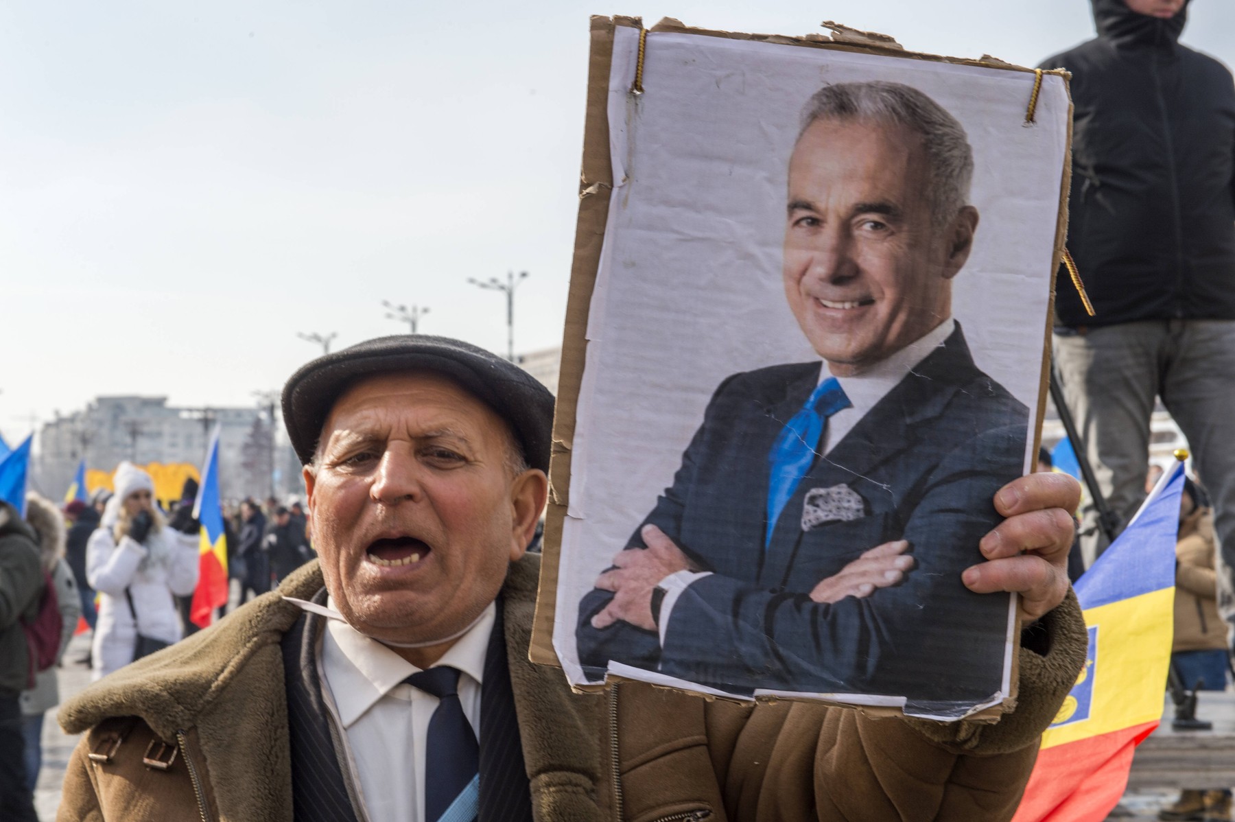 On Constitution Square, in front of the gigantic Parliament Palace built by Ceausescu, around 2,000 protesters gathered on Saturday, February 22, 2025. They responded to the call of the AUR party (Alliance for the Union of Romanians), the main supporter of Calin Georgescu in the presidential election.  

This election was annulled after the first round, in which, to everyone's surprise, Georgescuâ??until then virtually unknown to the general publicâ??came out on top. After an investigation by intelligence services, it was revealed that although Georgescu had declared no campaign expenses, a strange saturation of social media, particularly TikTok, in his favor was allegedly the result of "interference from a foreign country," implicitly referring to Russia.  

While waiting for the new election scheduled for next May, Georgescuâ??s supporters, denouncing a coup, have already secured the resignation of President Klaus Iohannis and are now demanding the resignation of interim President Ilie Bolojan.  

As a reminder, CÄ?lin Georgescu, an Orthodox mystic claiming to be in direct contact with God, is a fervent nationalist, environmentalist, anti-vaccine advocate, Eurosceptic, pro-Russian, pro-Trump, and conspiracy theorist. He is also opposed to supporting Ukraine in the war and claims part of its territory.//TIRATJEANCHRISTIAN_ukr0262/Credit:Jean-Christian Tirat/SIPA/2502231232,Image: 967950497, License: Rights-managed, Restrictions: , Model Release: no, Credit line: Jean-Christian Tirat / Sipa Press / Profimedia