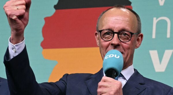 Friedrich Merz, leader of Germany's conservative Christian Democratic Union (CDU) and his party's main candidate for Chancellor addresses supporters after the first exit polls in the German general elections were announced on TV during the electoral evening in Berlin on February 23, 2025.,Image: 968111561, License: Rights-managed, Restrictions: , Model Release: no, Credit line: INA FASSBENDER / AFP / Profimedia