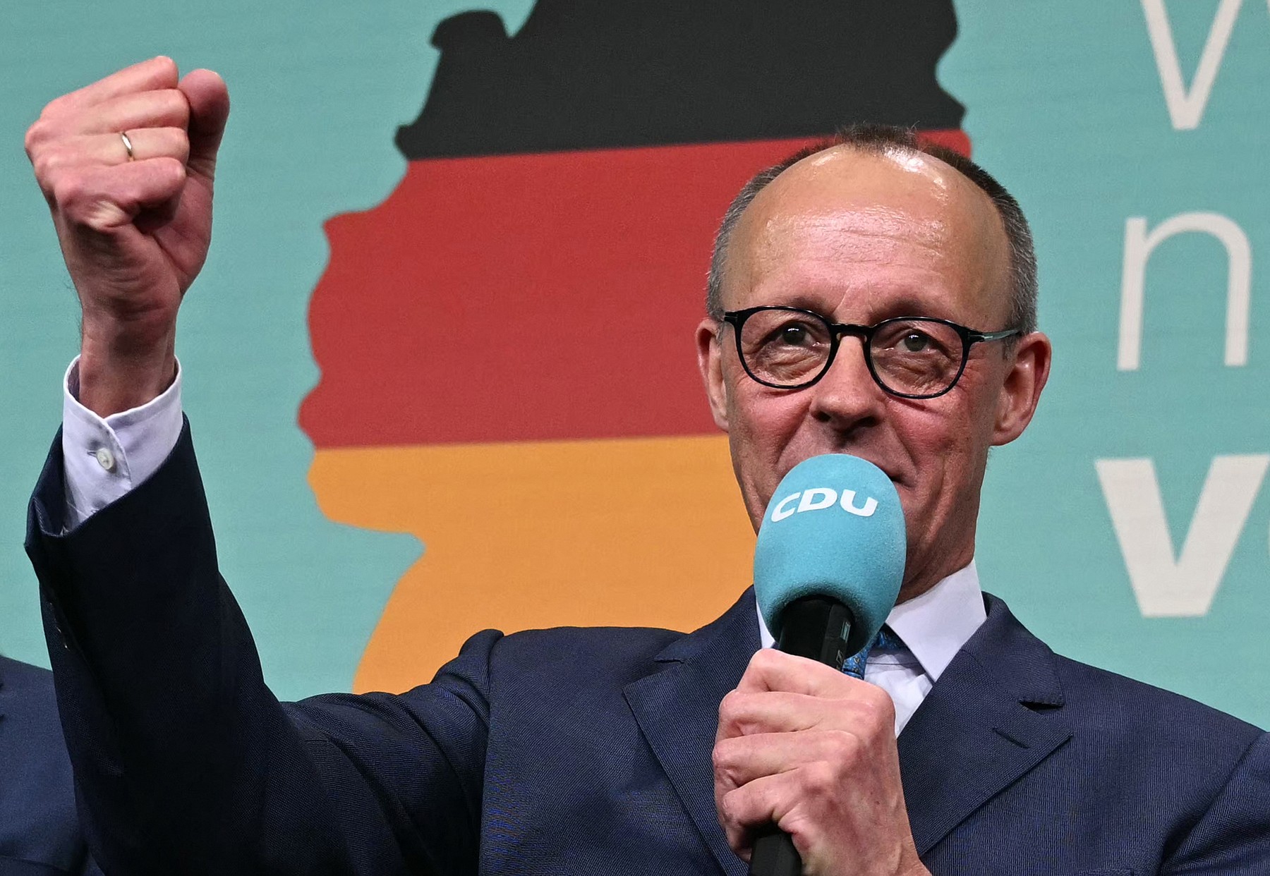 Friedrich Merz, leader of Germany's conservative Christian Democratic Union (CDU) and his party's main candidate for Chancellor addresses supporters after the first exit polls in the German general elections were announced on TV during the electoral evening in Berlin on February 23, 2025.,Image: 968111561, License: Rights-managed, Restrictions: , Model Release: no, Credit line: INA FASSBENDER / AFP / Profimedia