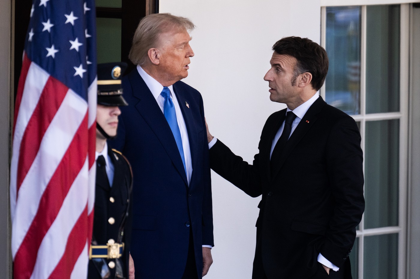 UNITED STATES - FEBRUARY 24: President Donald Trump greets French President Emmanuel Macron at the White House before a joint news conference, on Monday, February 24, 2025. (Tom Williams/CQ Roll Call/Sipa USA),Image: 968451328, License: Rights-managed, Restrictions: *** World Rights *** Minimum Rates Apply in the US: $75 for Print, $20 for Web ***, Model Release: no, Credit line: CQ-Roll Call / ddp USA / Profimedia