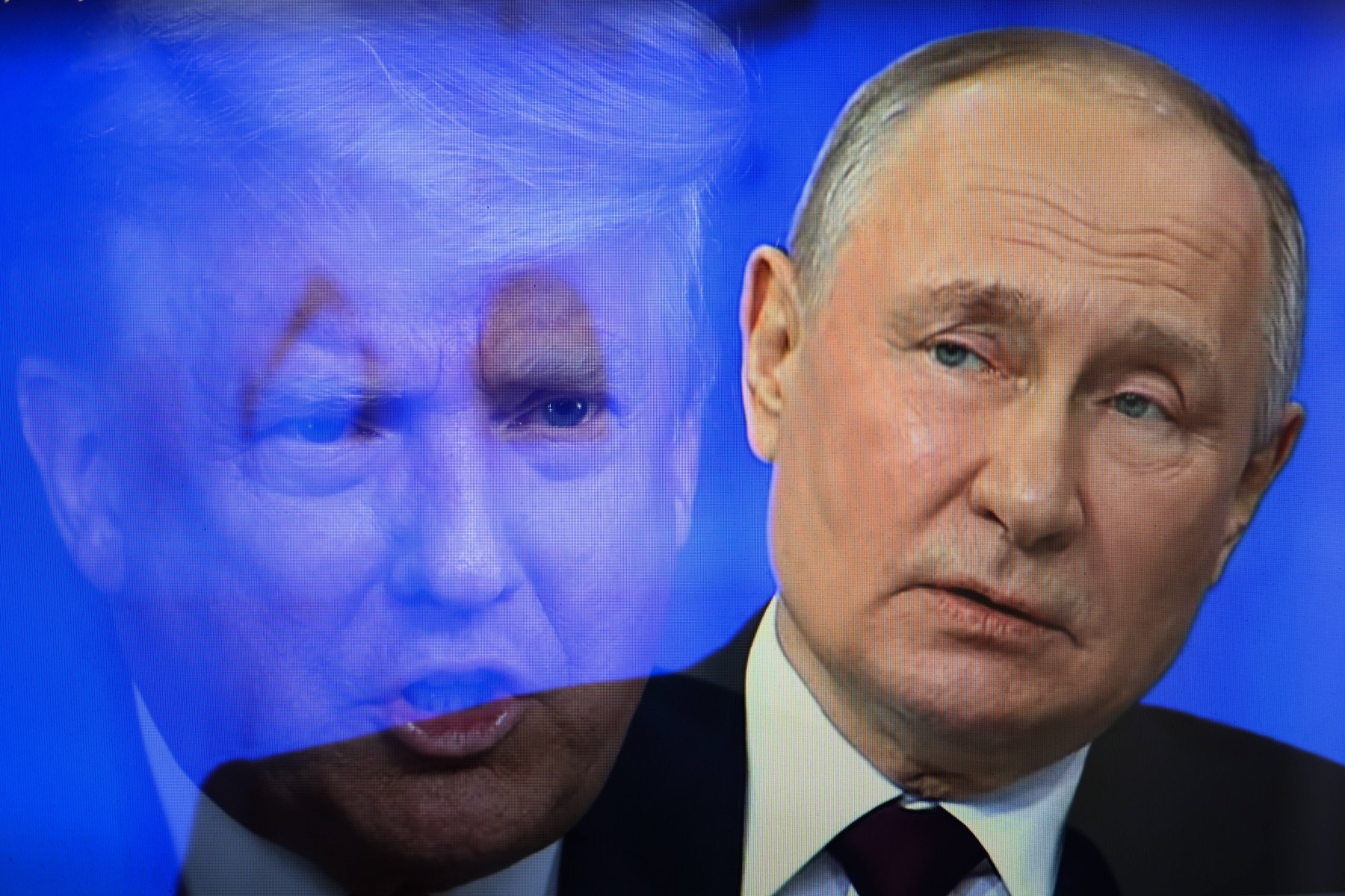 February 19, 2025, Russia: (EDITOR'S NOTE: This image has been created by shooting a TV screen using multiple exposure in the camera) .In this photo illustration, shows the United States President Donald Trump and Russian President Vladimir Putin. The first meeting of official delegations of the Russian Federation and the United States took place after a long break, at which it was planned to discuss the basic positions of the parties to end the war in Ukraine. Ukraine and Europe did not participate in the negotiations. A meeting between Putin and Trump was discussed at the negotiations of the Russian and Ukrainian delegations in Riyadh, but it is unlikely to take place next week, said Russian presidential aide Yuri Ushakov. Meanwhile, US President Donald Trump, in a conversation with journalists, did not rule out that he could meet with Russian President Vladimir Putin before the end of February.,Image: 965816552, License: Rights-managed, Restrictions: , Model Release: no, Credit line: Artem Priakhin / Zuma Press / Profimedia