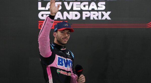 Alpine driver Pierre Gasly, of France, waves after a third place finish during qualifications for the Formula One U.S. Grand Prix auto race, Friday, Nov. 22, 2024, in Las Vegas. (AP Photo/John Locher) F1 US Grand Prix Auto Racing