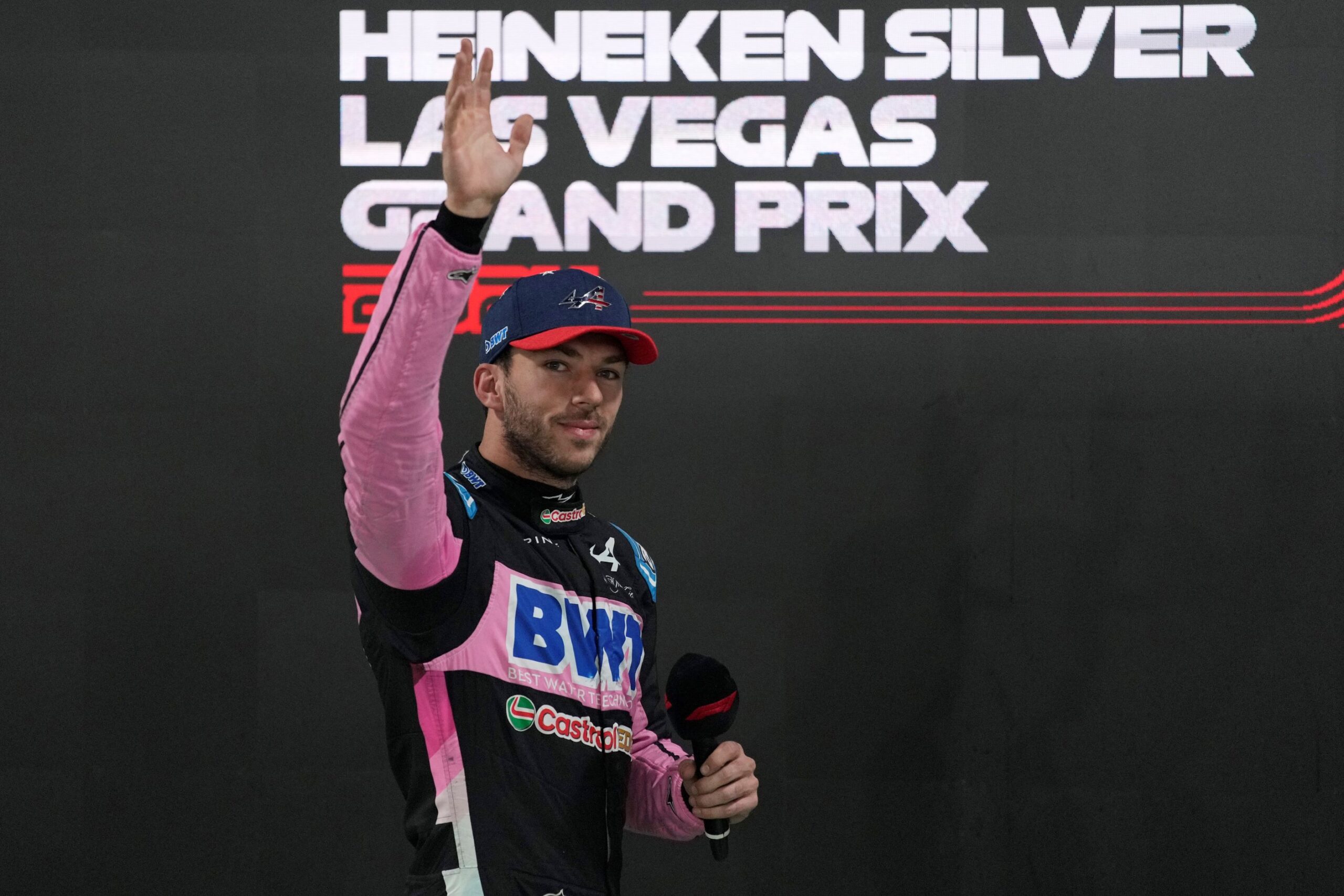 Alpine driver Pierre Gasly, of France, waves after a third place finish during qualifications for the Formula One U.S. Grand Prix auto race, Friday, Nov. 22, 2024, in Las Vegas. (AP Photo/John Locher) F1 US Grand Prix Auto Racing