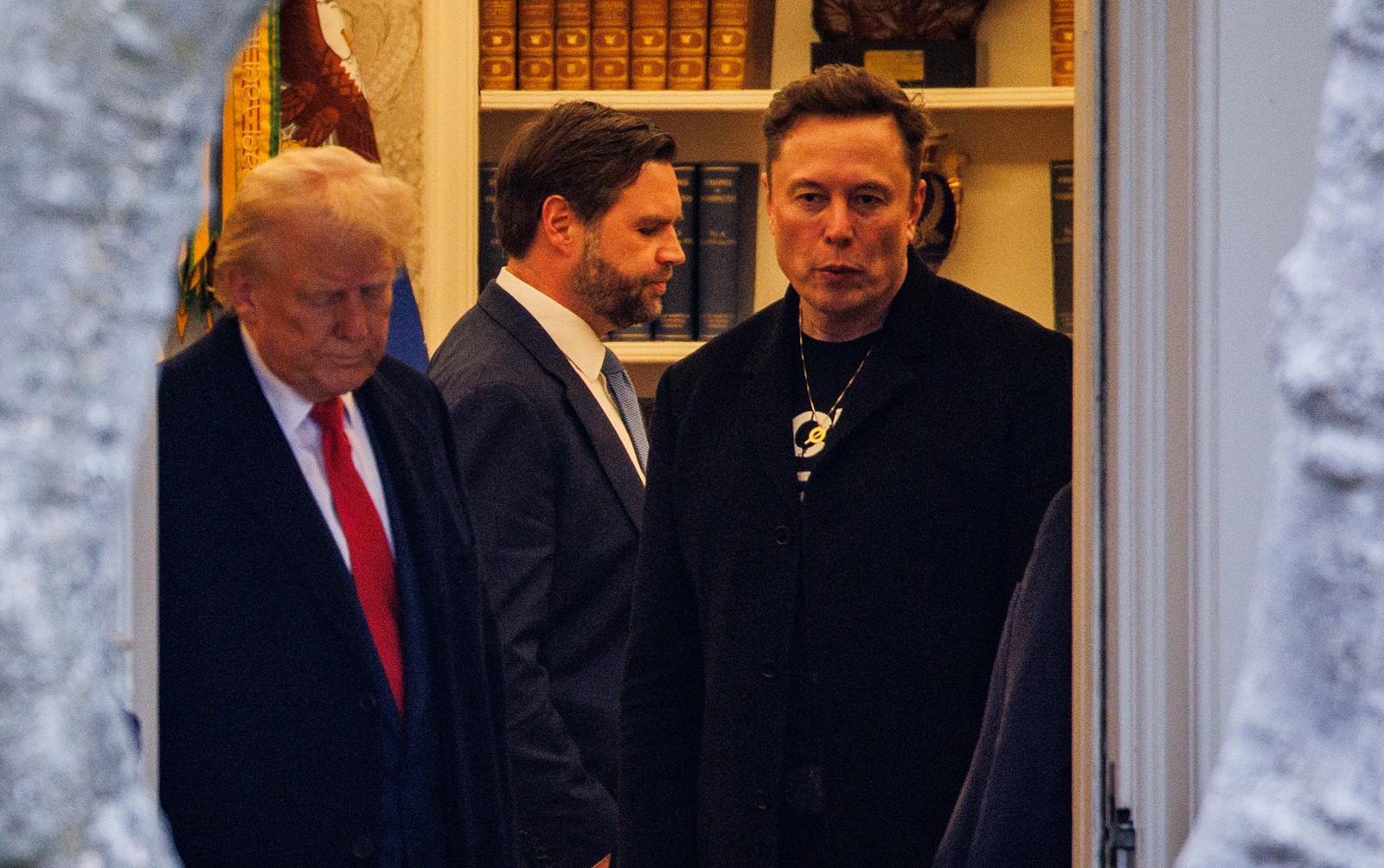 (L-R) President Donald Trump, Vice President JD Vance, and Elon Musk, Tesla CEO and Senior Advisor to the President, are seen in the Oval Office before departing in Marine One from the South Lawn of the White House in Washington, D.C. on March 14, 2025. Trump is heading to his private club, Mar-a-Lago, in Florida for the weekend. (Photo by Samuel Corum/Sipa USA) Photo: Sipa USA/SIPA USA